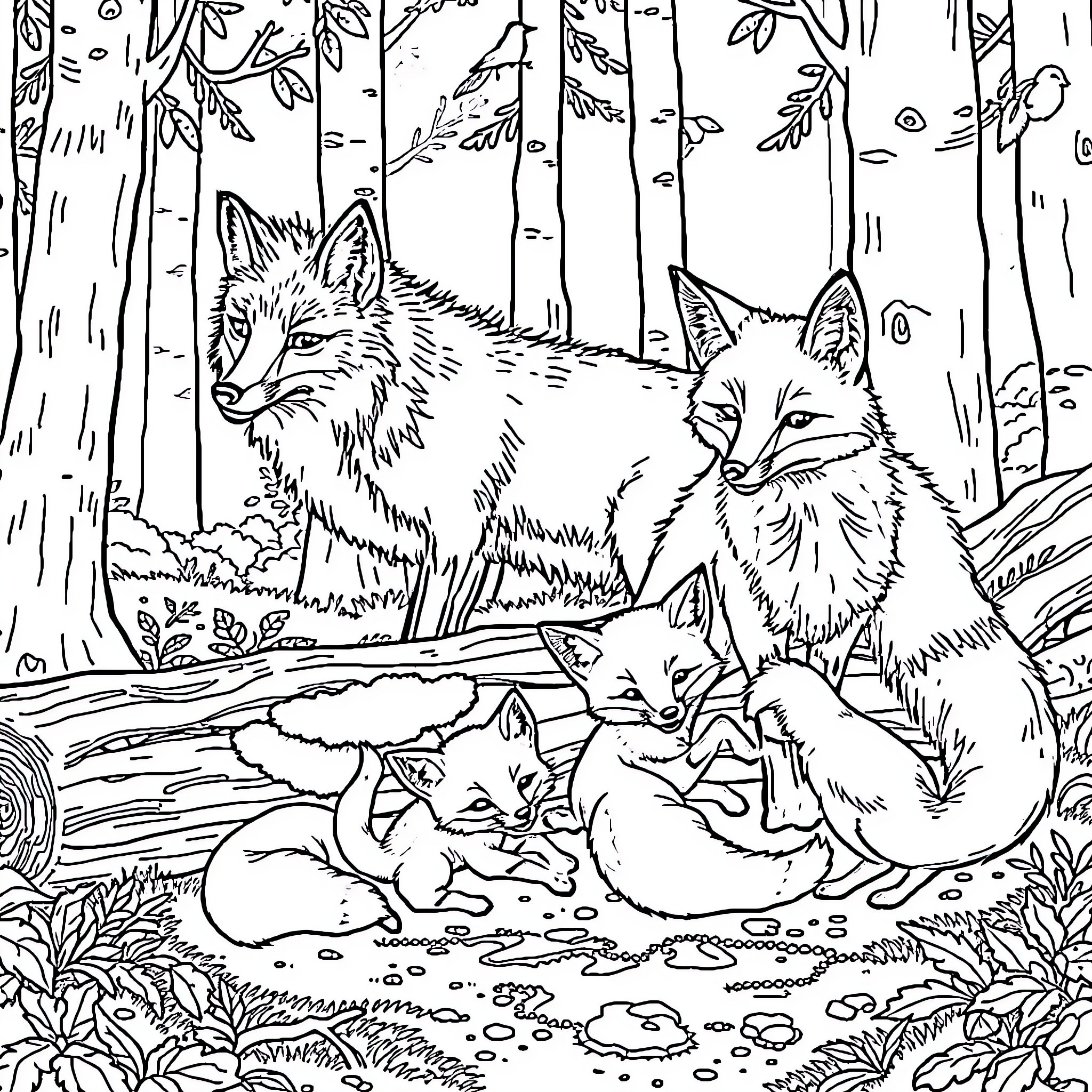 Fox family exploring the enchanted forest Coloring Page (free black-and-white line drawing printable PDF for all, from beginners to advanced learners, including children, teens, adults, and seniors)