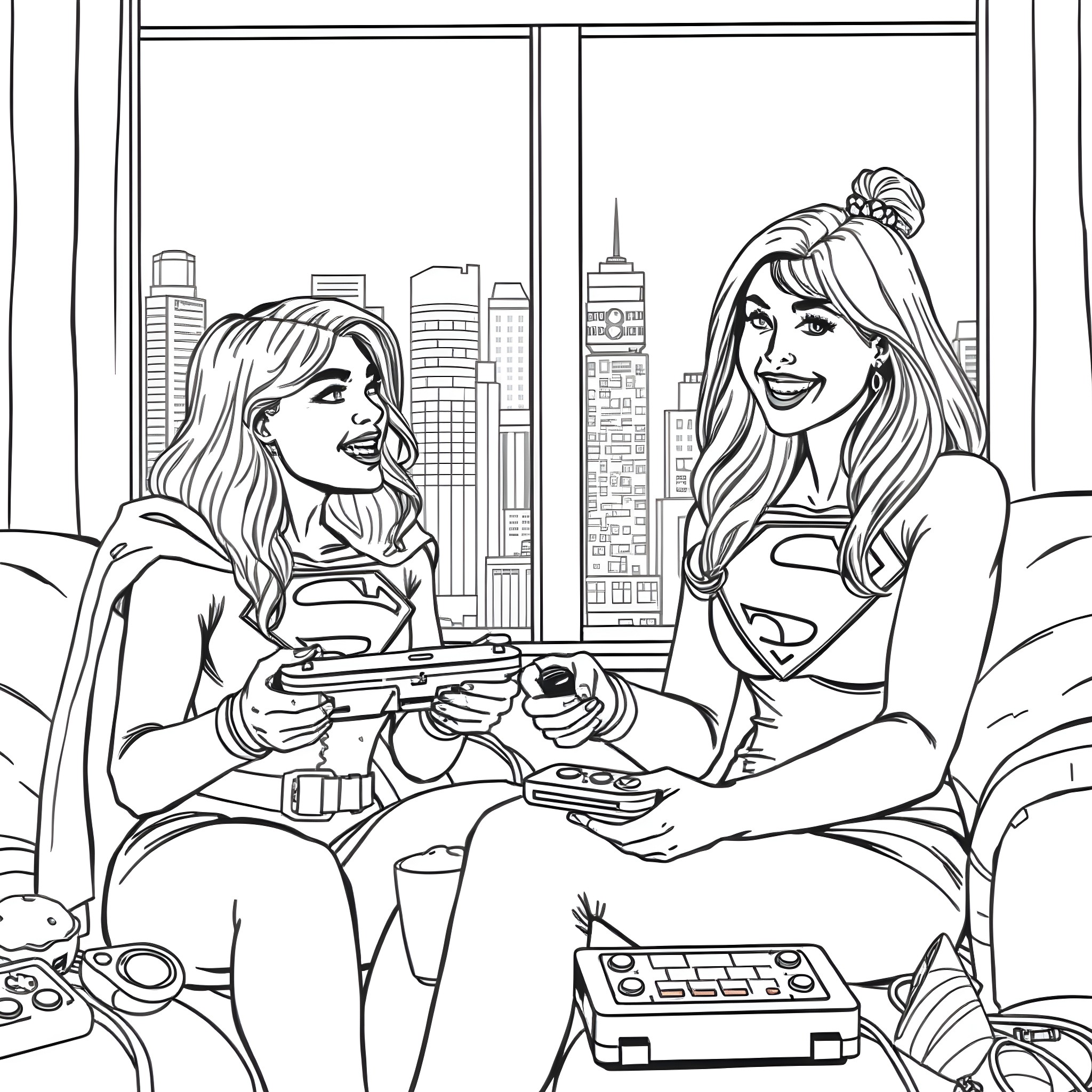 Supergirl Duo Enjoying Casual Gaming Moment Coloring Page (free black-and-white line drawing printable PDF for all, from beginners to advanced learners, including children, teens, adults, and seniors)