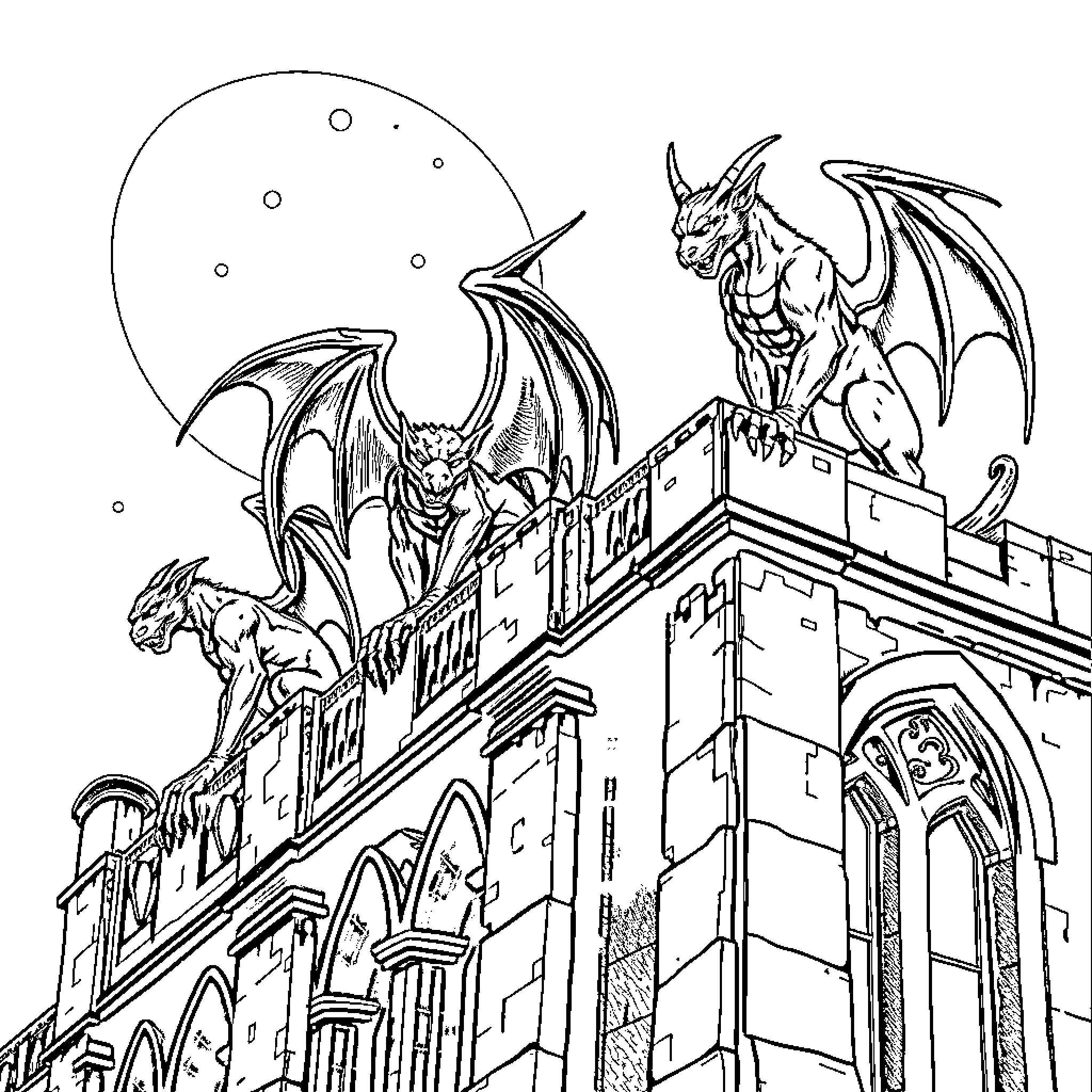 Gargoyles guarding an ancient castle Coloring Page (free black-and-white line drawing printable PDF for all, from beginners to advanced learners, including children, teens, adults, and seniors)