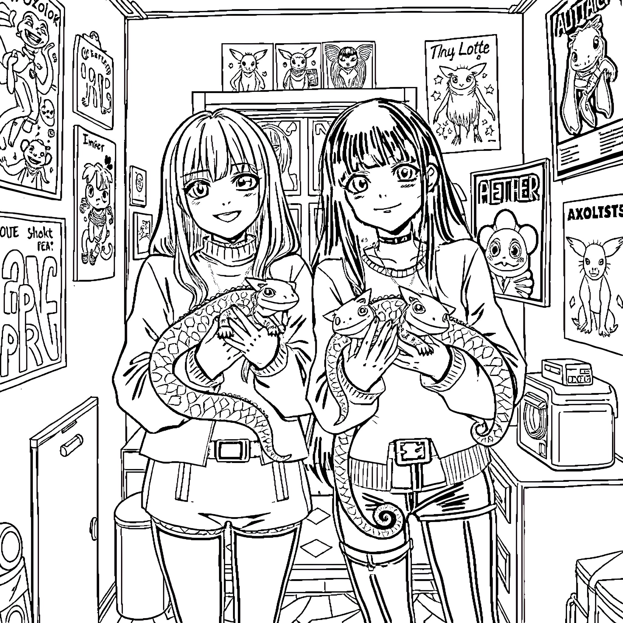 Goth Girls Bonding Over Pets in Their Room Coloring Page (free black-and-white line drawing printable PDF for all, from beginners to advanced learners, including children, teens, adults, and seniors)