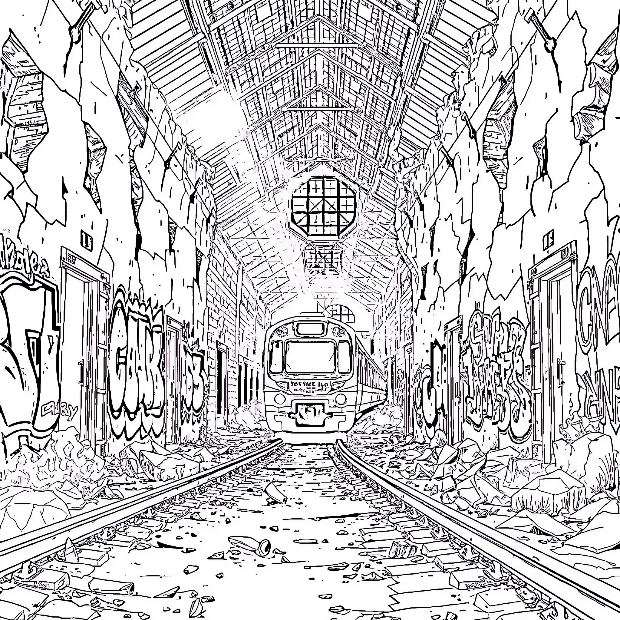 Train passing through a damaged underground station Coloring Page (free black-and-white line drawing printable PDF for all, from beginners to advanced learners, including children, teens, adults, and seniors)