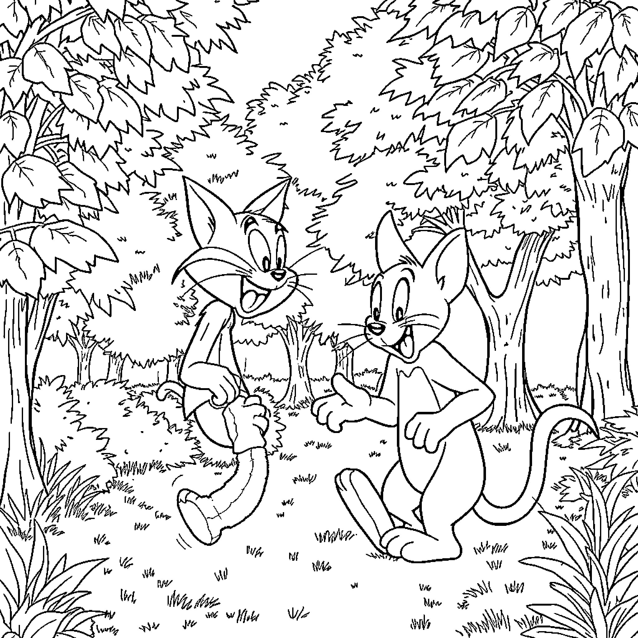 Tom and Jerry playing in the forest Coloring Page (free black-and-white line drawing printable PDF for all, from beginners to advanced learners, including children, teens, adults, and seniors)