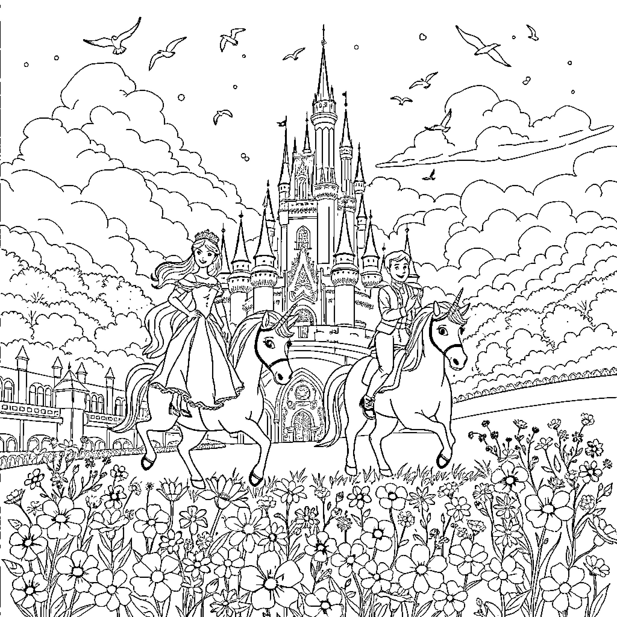 Princess riding a horse in a magical castle garden Coloring Page (free black-and-white line drawing printable PDF for all, from beginners to advanced learners, including children, teens, adults, and seniors)