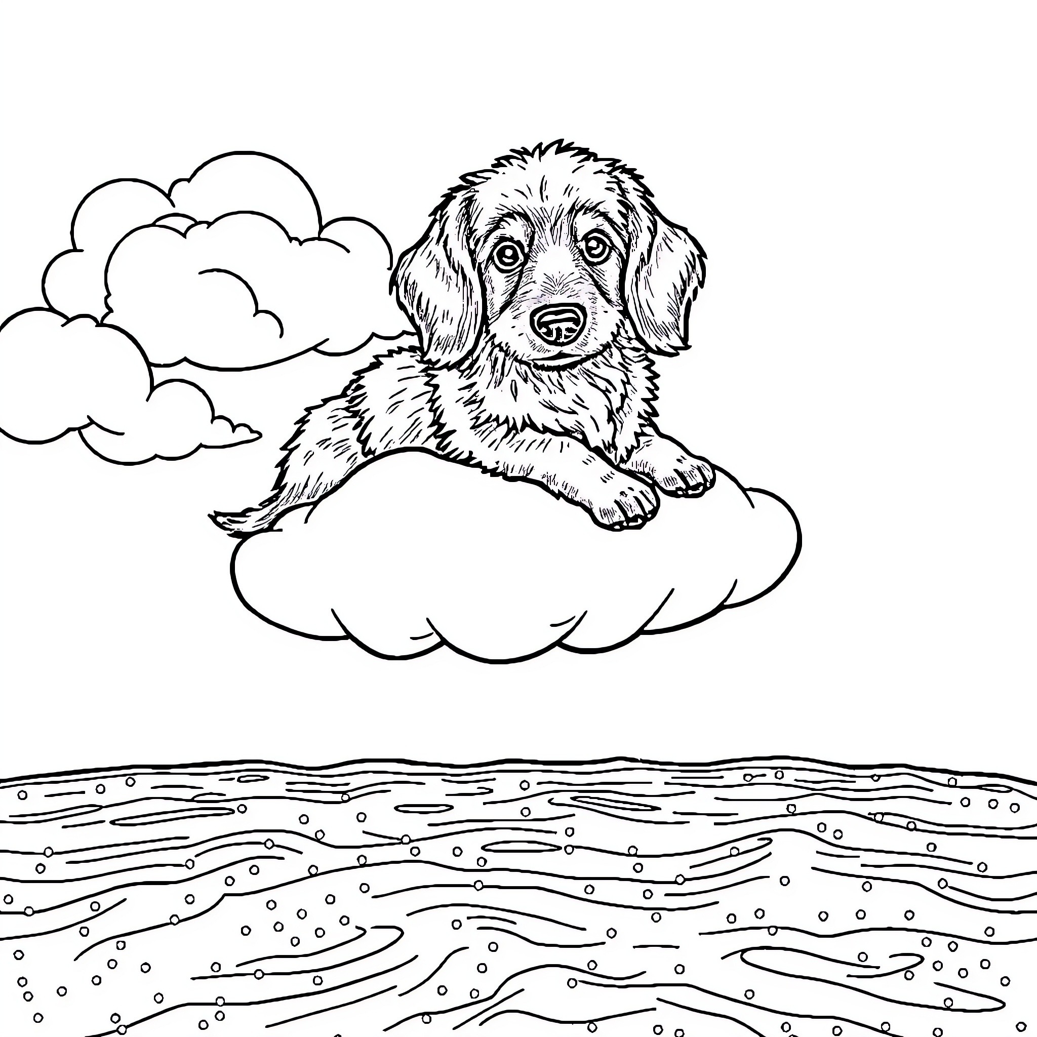 Dachshund relaxing on a fluffy cloud Coloring Page (free black-and-white line drawing printable PDF for all, from beginners to advanced learners, including children, teens, adults, and seniors)