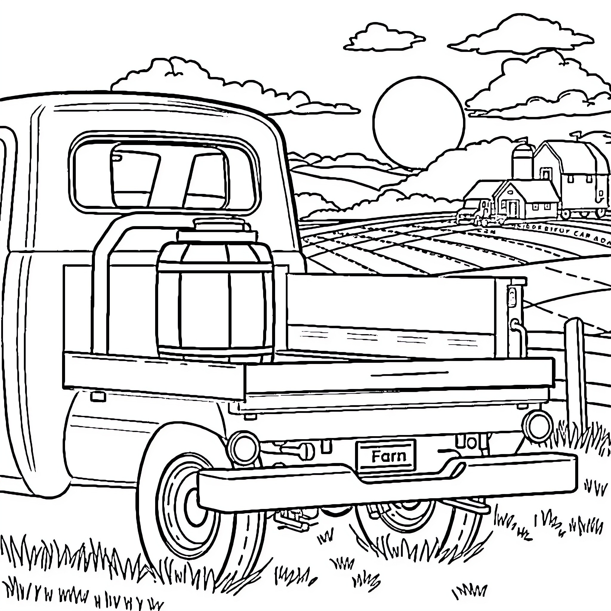 Truck transporting farm goods through rural landscape Coloring Page (free black-and-white line drawing printable PDF for all, from beginners to advanced learners, including children, teens, adults, and seniors)