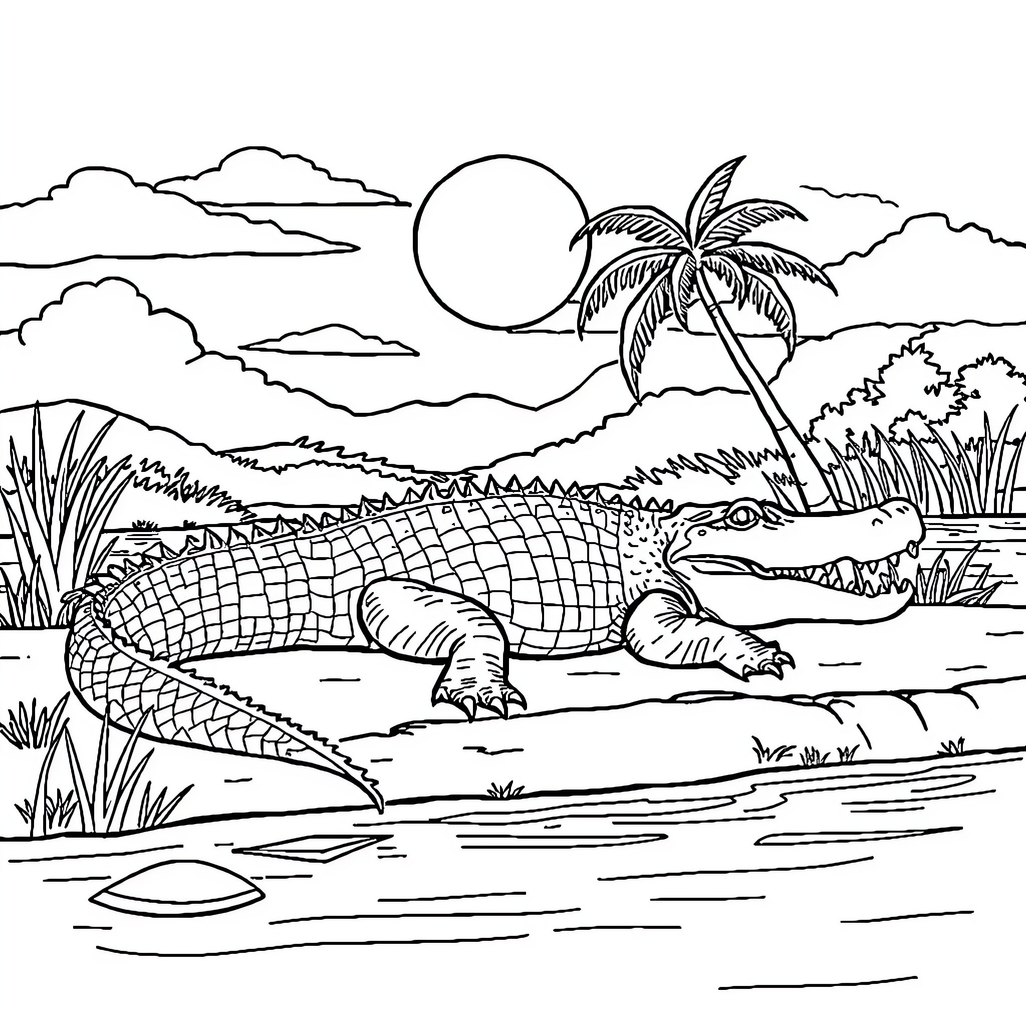 Crocodile relaxing in tropical landscape Coloring Page (free black-and-white line drawing printable PDF for all, from beginners to advanced learners, including children, teens, adults, and seniors)