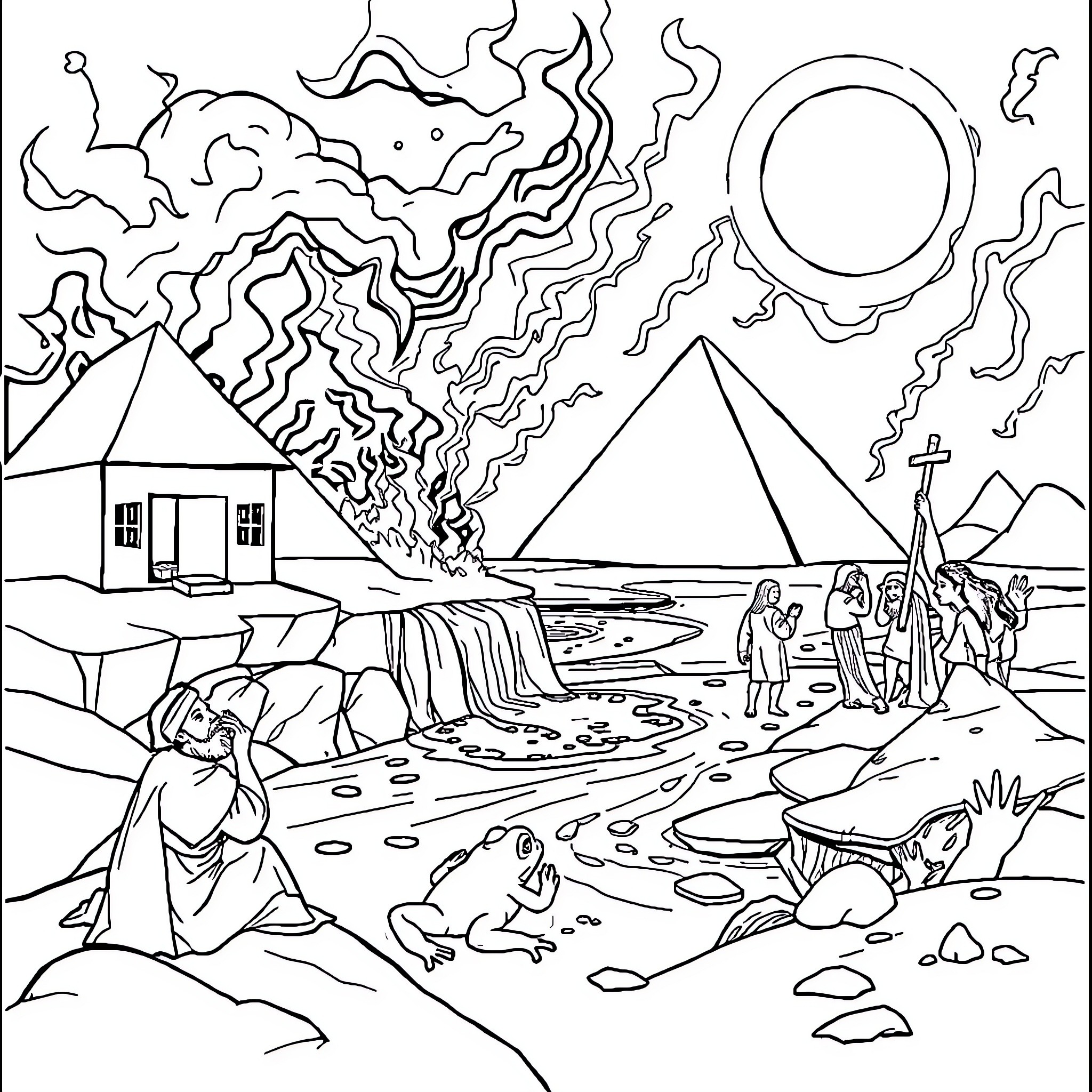Plague of Darkness and Despair in Ancient Lands Coloring Page (free black-and-white line drawing printable PDF for all, from beginners to advanced learners, including children, teens, adults, and seniors)