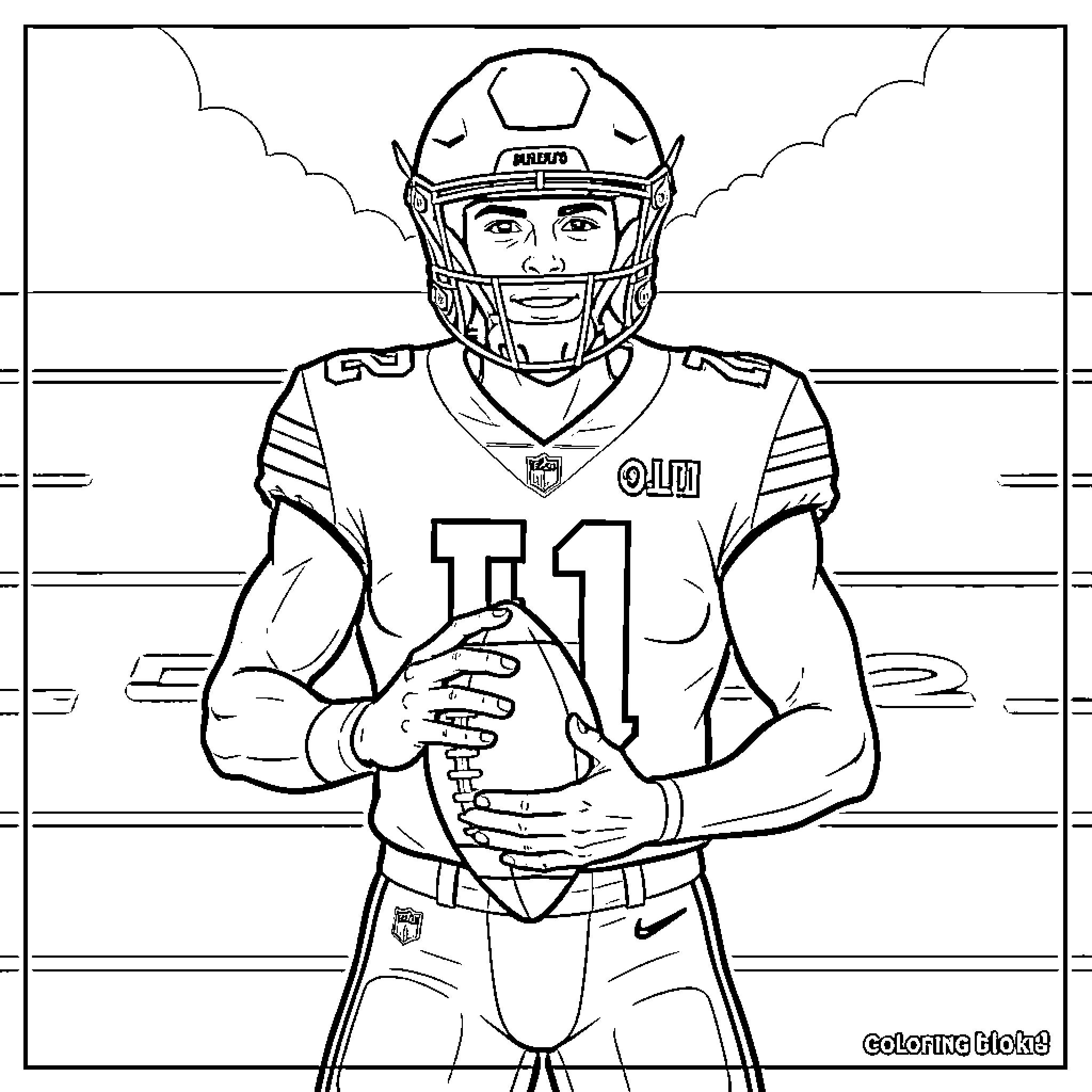 Cj Stroud, an American Football Player, in Uniform Coloring Page (free black-and-white line drawing printable PDF for all, from beginners to advanced learners, including children, teens, adults, and seniors)