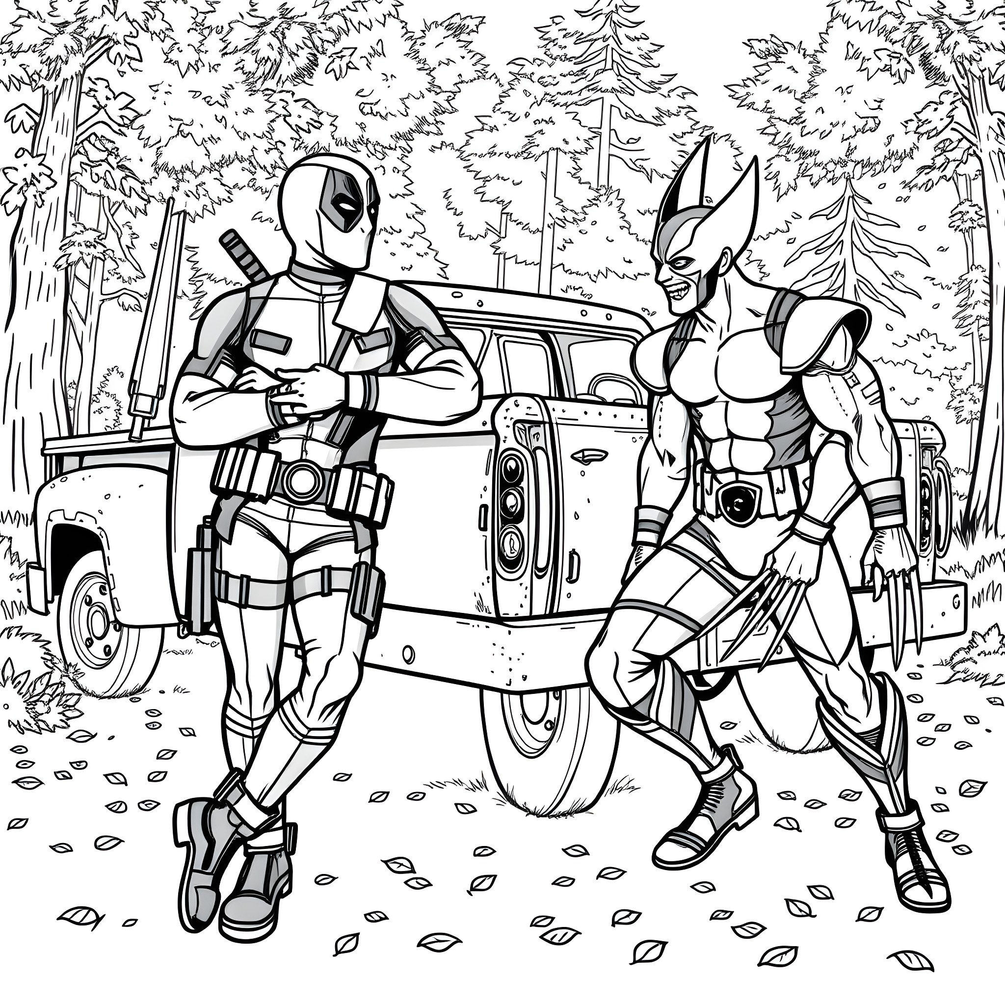 Deadpool and Wolverine in the Wilderness Coloring Page (free black-and-white line drawing printable PDF for all, from beginners to advanced learners, including children, teens, adults, and seniors)