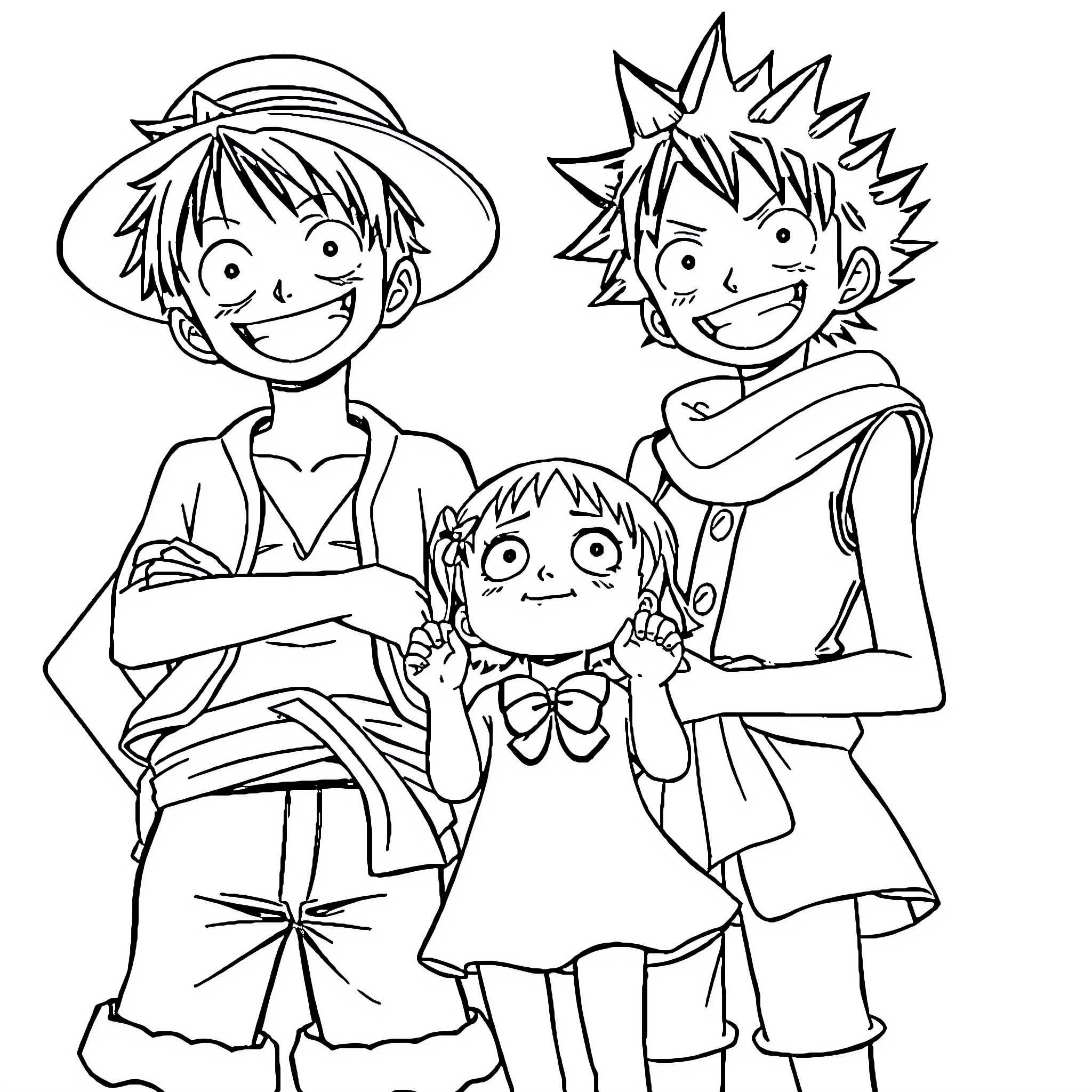Luffy and friends in a spirited pose Coloring Page (free black-and-white line drawing printable PDF for all, from beginners to advanced learners, including children, teens, adults, and seniors)