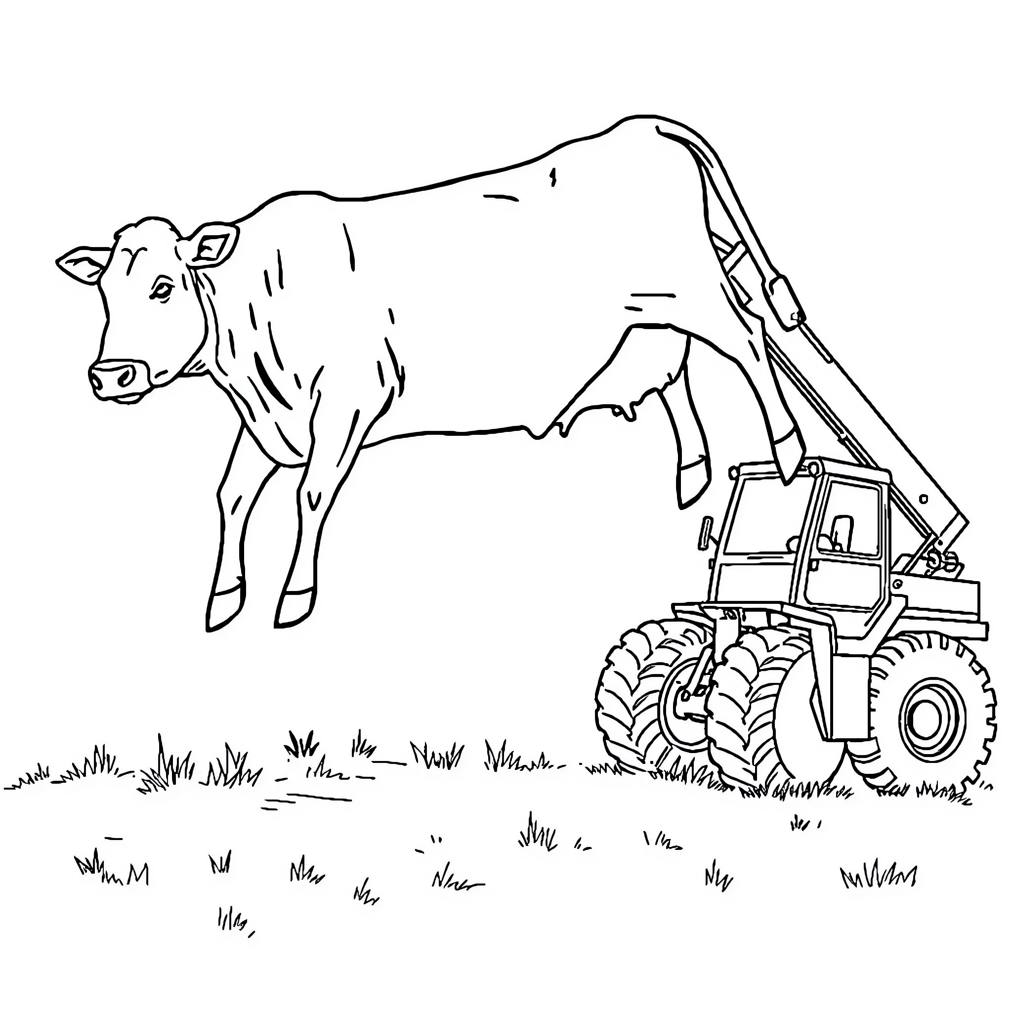 Manitou cattle and farm machinery in the field Coloring Page (free black-and-white line drawing printable PDF for all, from beginners to advanced learners, including children, teens, adults, and seniors)
