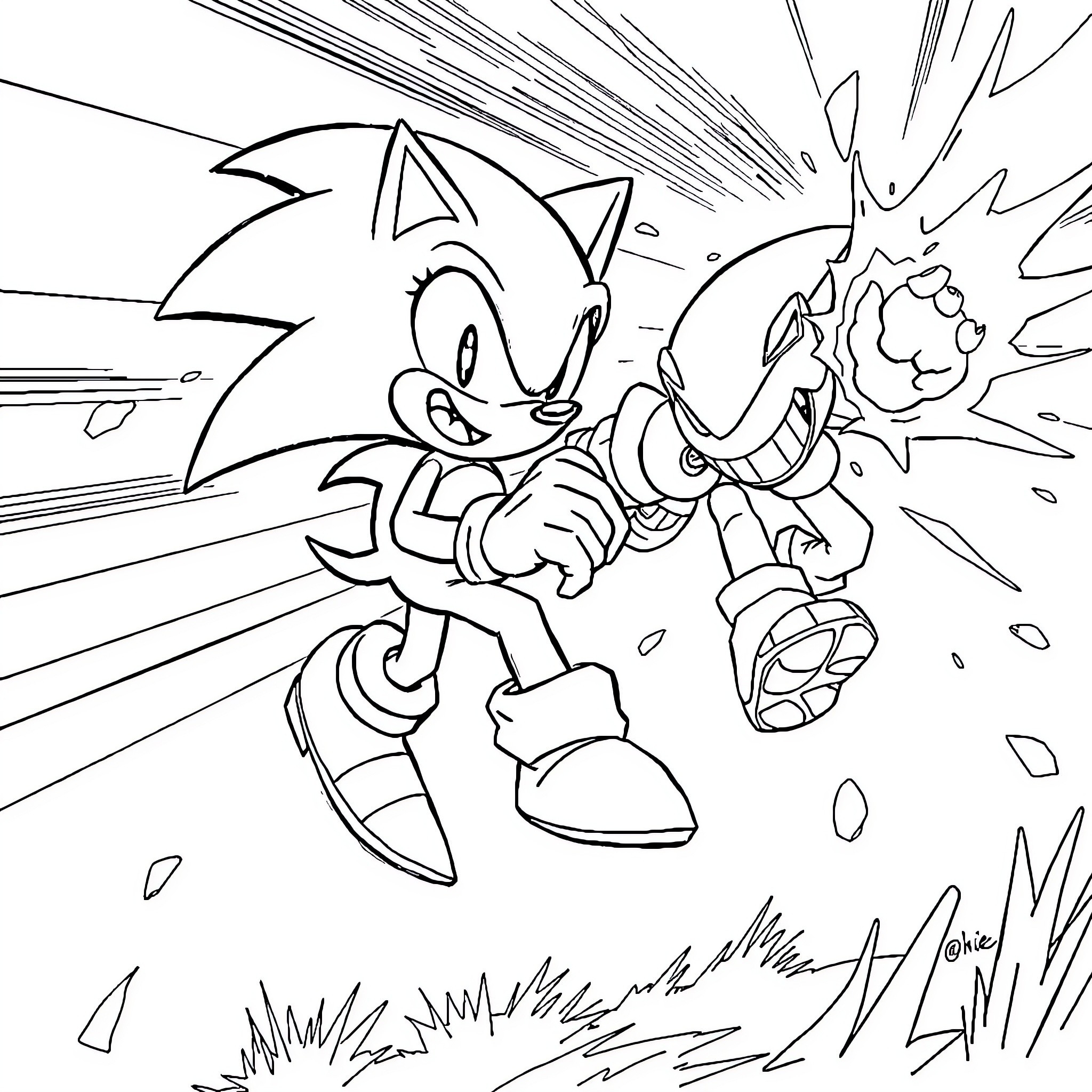 Sonic Dashing Through The Chaos Coloring Page (free black-and-white line drawing printable PDF for all, from beginners to advanced learners, including children, teens, adults, and seniors)