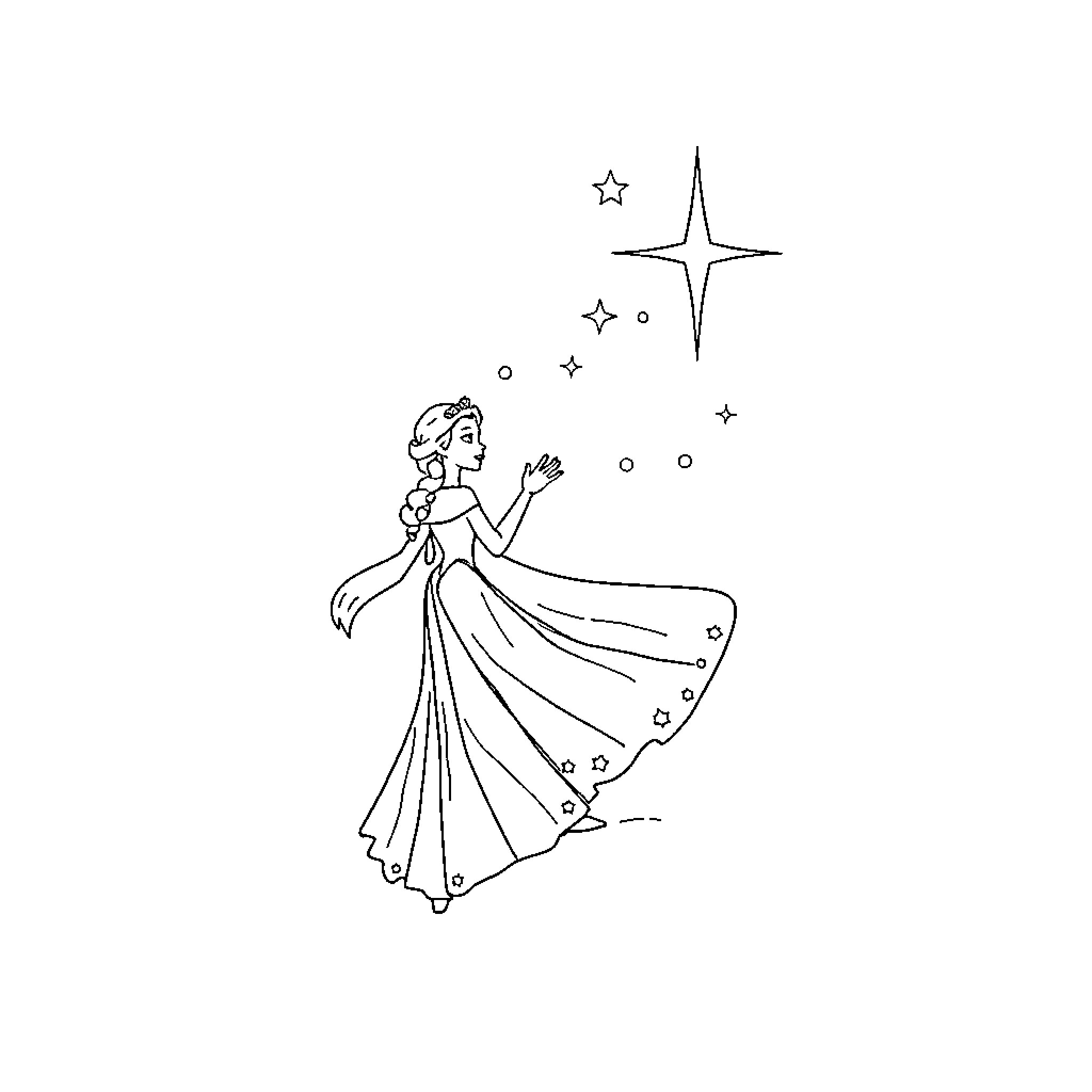 Princess Dancing Among Sparkling Stars Coloring Page (free black-and-white line drawing printable PDF for all, from beginners to advanced learners, including children, teens, adults, and seniors)