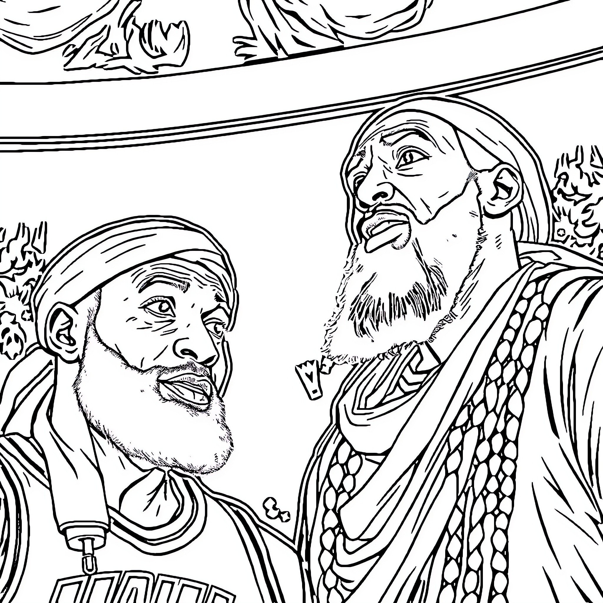 LeBron James and another man in traditional attire Coloring Page (free black-and-white line drawing printable PDF for all, from beginners to advanced learners, including children, teens, adults, and seniors)