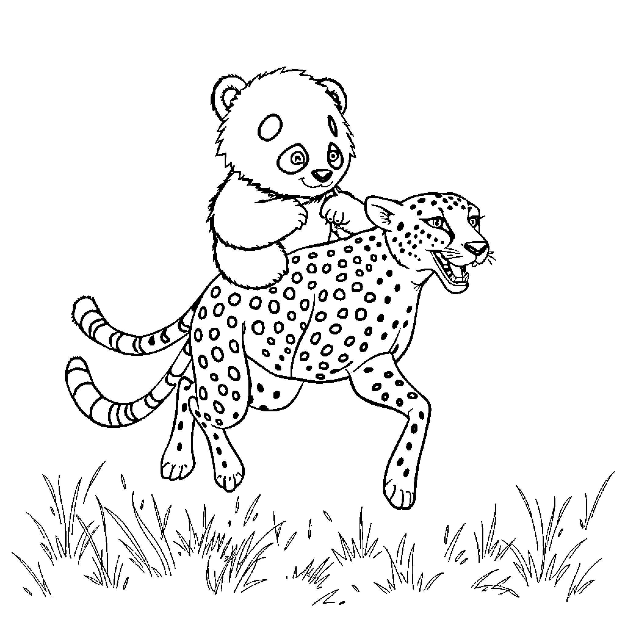 Panda riding a spotted animal in the wild Coloring Page (free black-and-white line drawing printable PDF for all, from beginners to advanced learners, including children, teens, adults, and seniors)