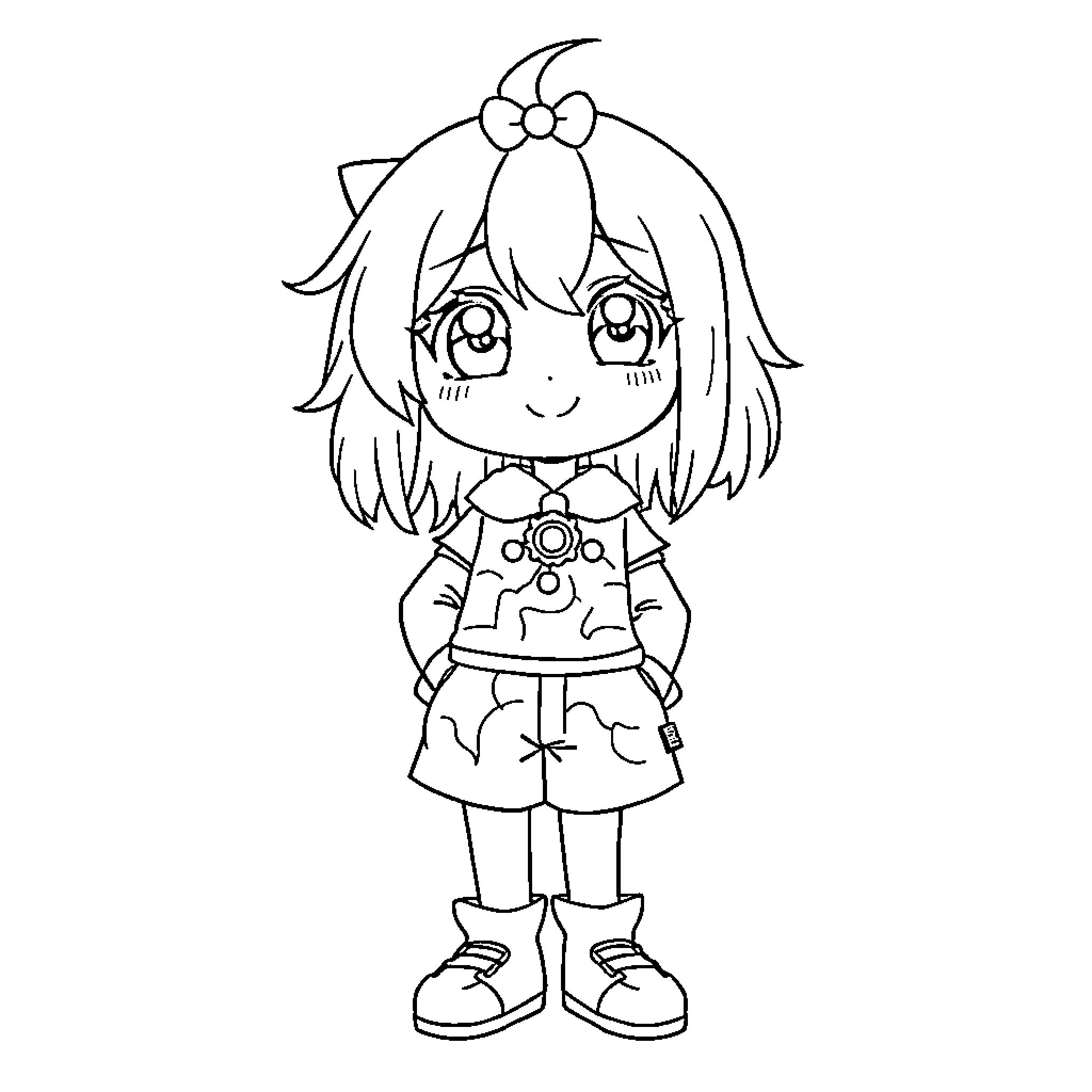 Koromi's Cheerful Anime-Style Character Coloring Page (free black-and-white line drawing printable PDF for all, from beginners to advanced learners, including children, teens, adults, and seniors)