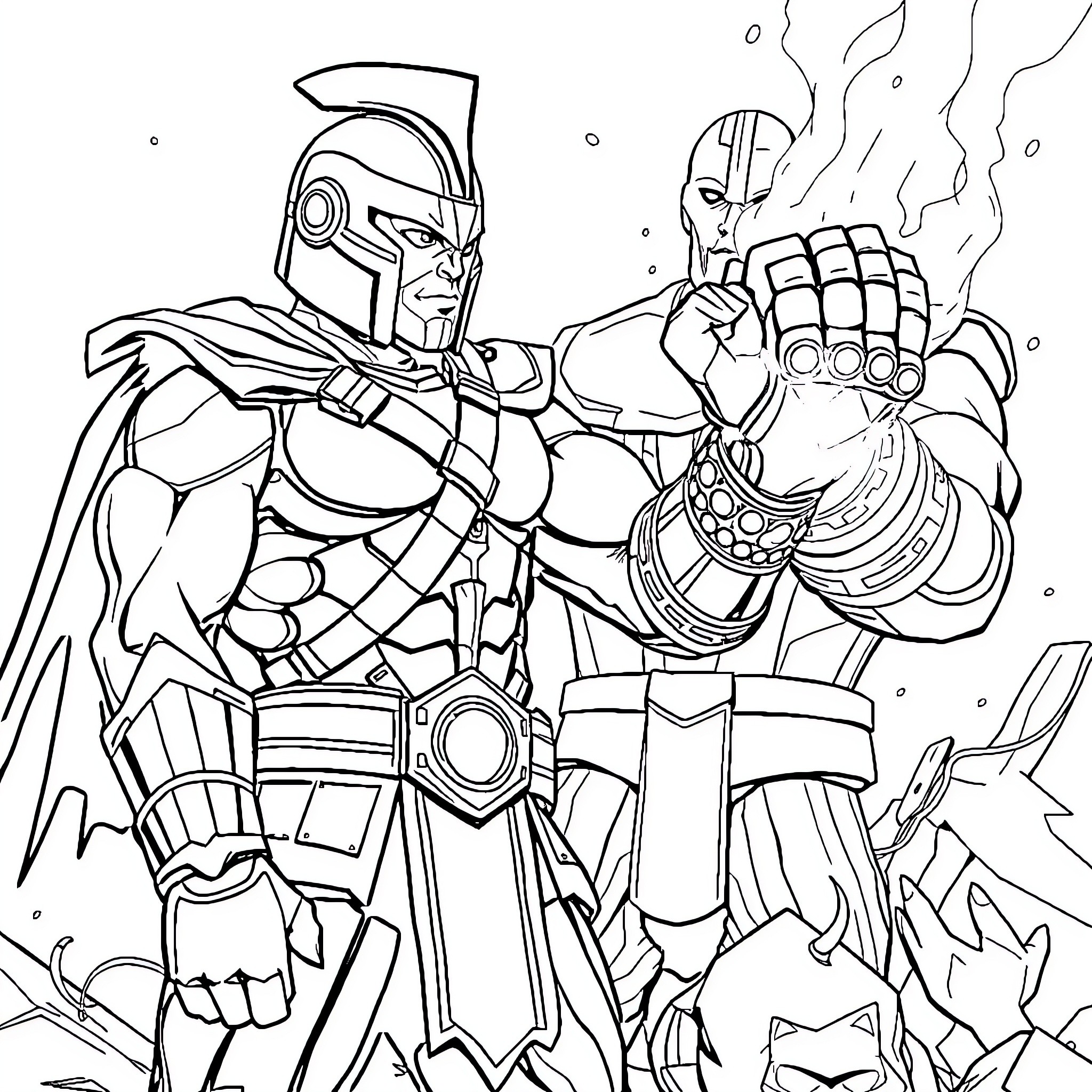 He-Man in Epic Battle with Powerful Foe Coloring Page (free black-and-white line drawing printable PDF for all, from beginners to advanced learners, including children, teens, adults, and seniors)