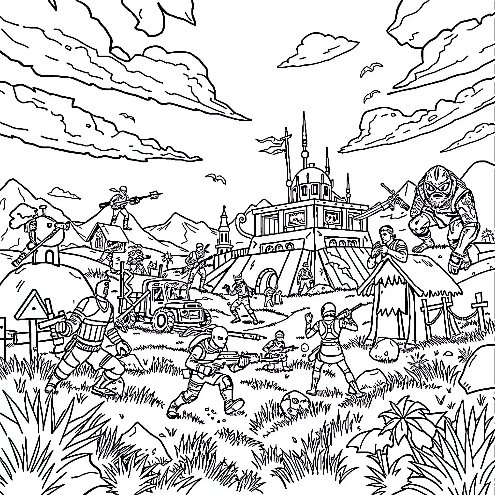 Fortnite Battlefield: Epic Adventure in a Vibrant World Coloring Page (free black-and-white line drawing printable PDF for all, from beginners to advanced learners, including children, teens, adults, and seniors)