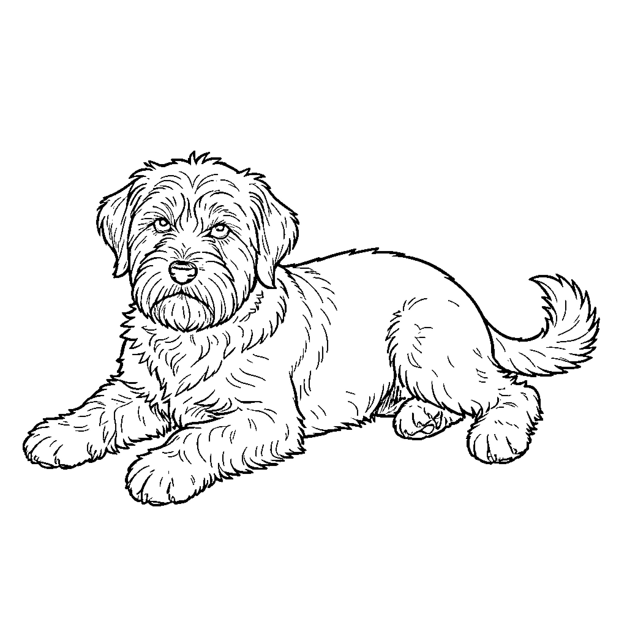 Perro relajado y alegre en el hogar Coloring Page (free black-and-white line drawing printable PDF for all, from beginners to advanced learners, including children, teens, adults, and seniors)
