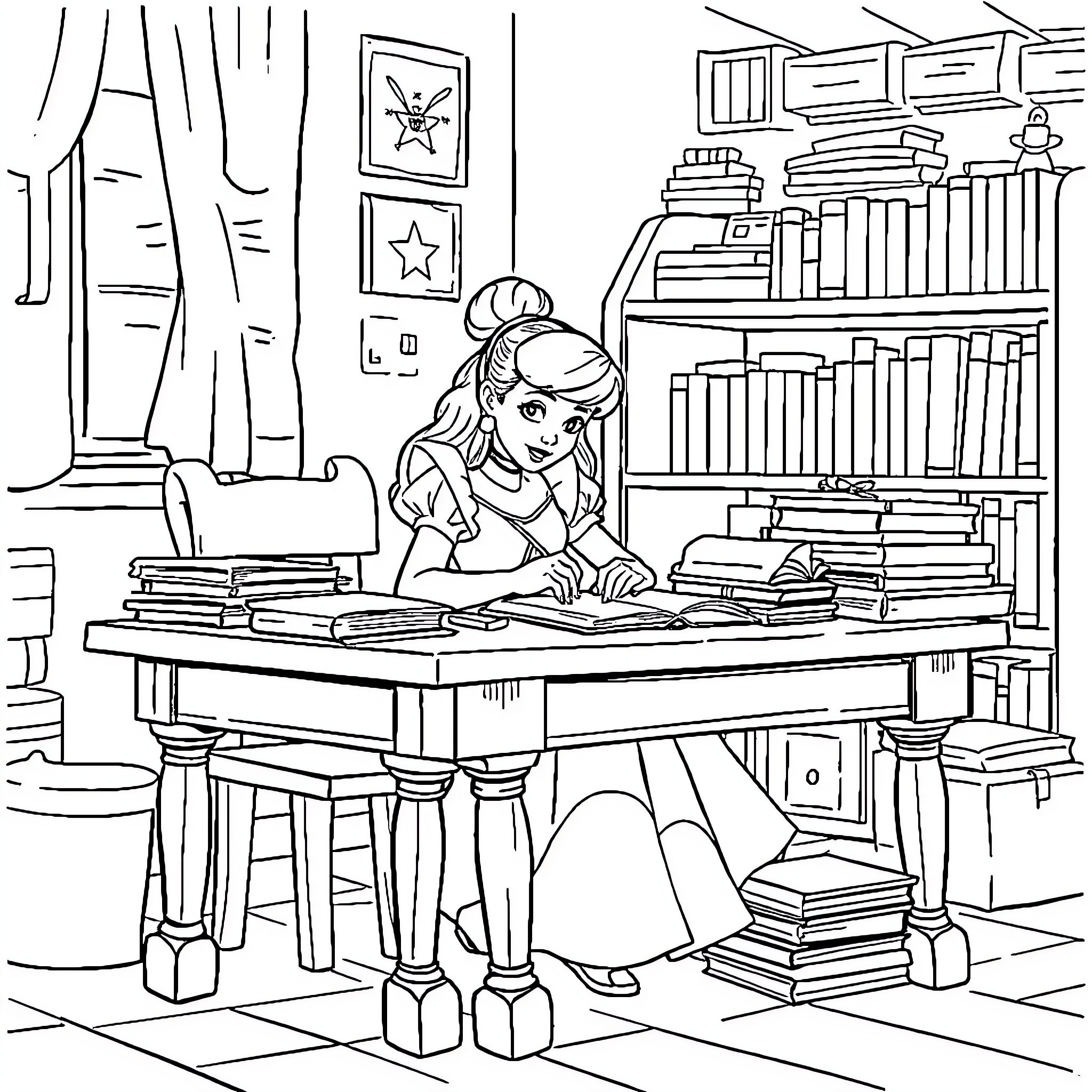 Cinderella's Cozy Study Sanctuary Coloring Page (free black-and-white line drawing printable PDF for all, from beginners to advanced learners, including children, teens, adults, and seniors)