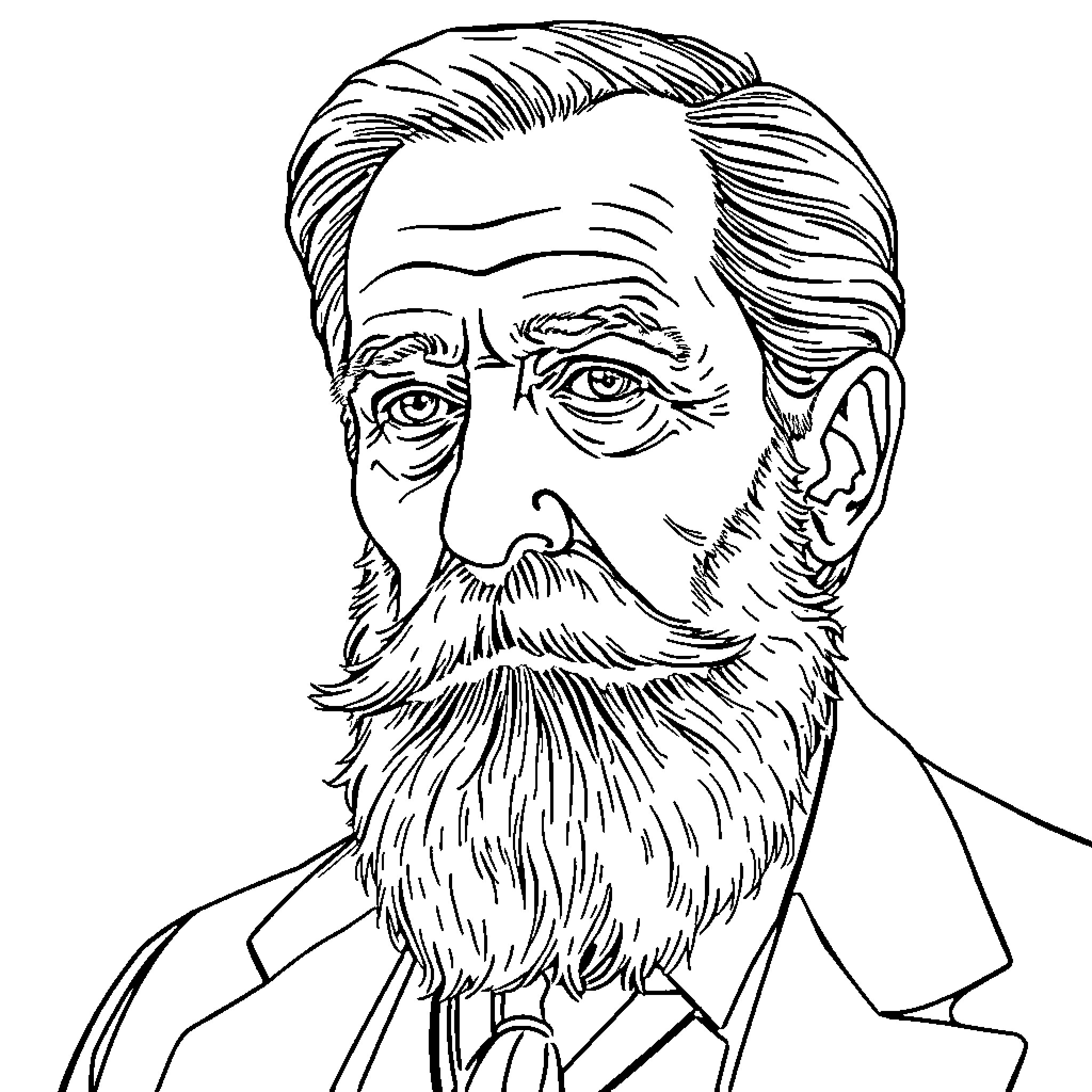 Sigmund Freud in serious contemplative pose Coloring Page (free black-and-white line drawing printable PDF for all, from beginners to advanced learners, including children, teens, adults, and seniors)