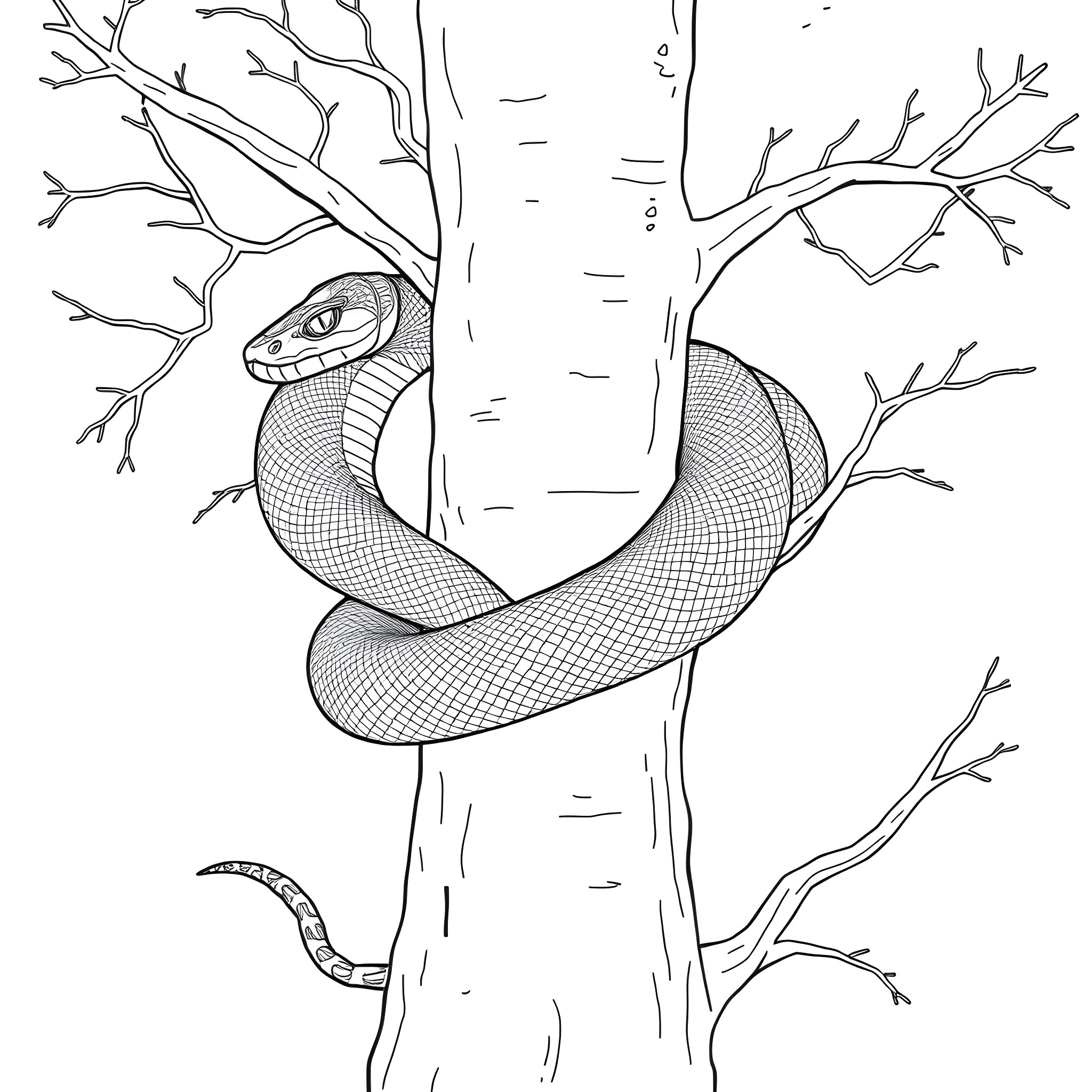 Dendroaspis Angusticeps coiled on tree branch Coloring Page (free black-and-white line drawing printable PDF for all, from beginners to advanced learners, including children, teens, adults, and seniors)