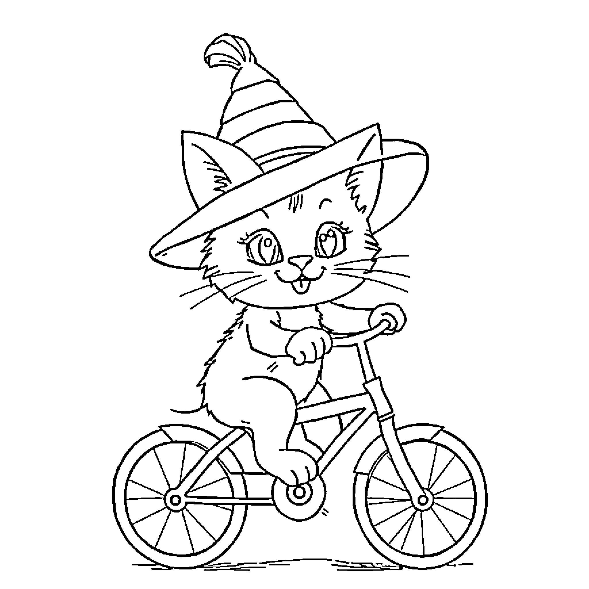 Cat riding a bicycle in a party hat Coloring Page (free black-and-white line drawing printable PDF for all, from beginners to advanced learners, including children, teens, adults, and seniors)