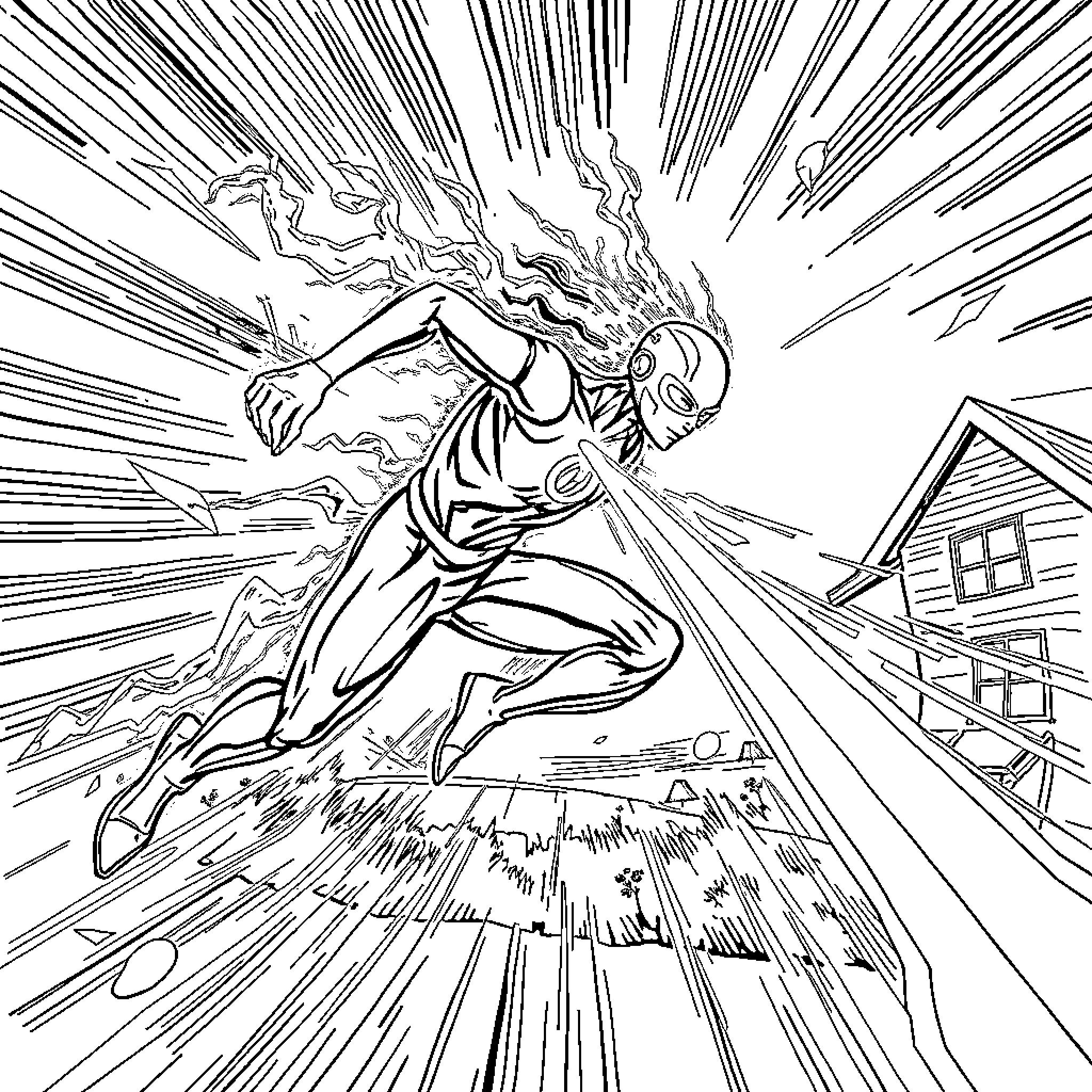Flash racing through the city with fiery speed Coloring Page (free black-and-white line drawing printable PDF for all, from beginners to advanced learners, including children, teens, adults, and seniors)