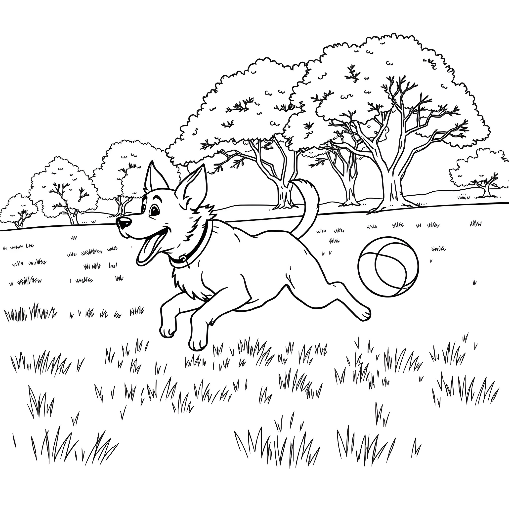 Dog playing with ball in lush forest landscape Coloring Page (free black-and-white line drawing printable PDF for all, from beginners to advanced learners, including children, teens, adults, and seniors)