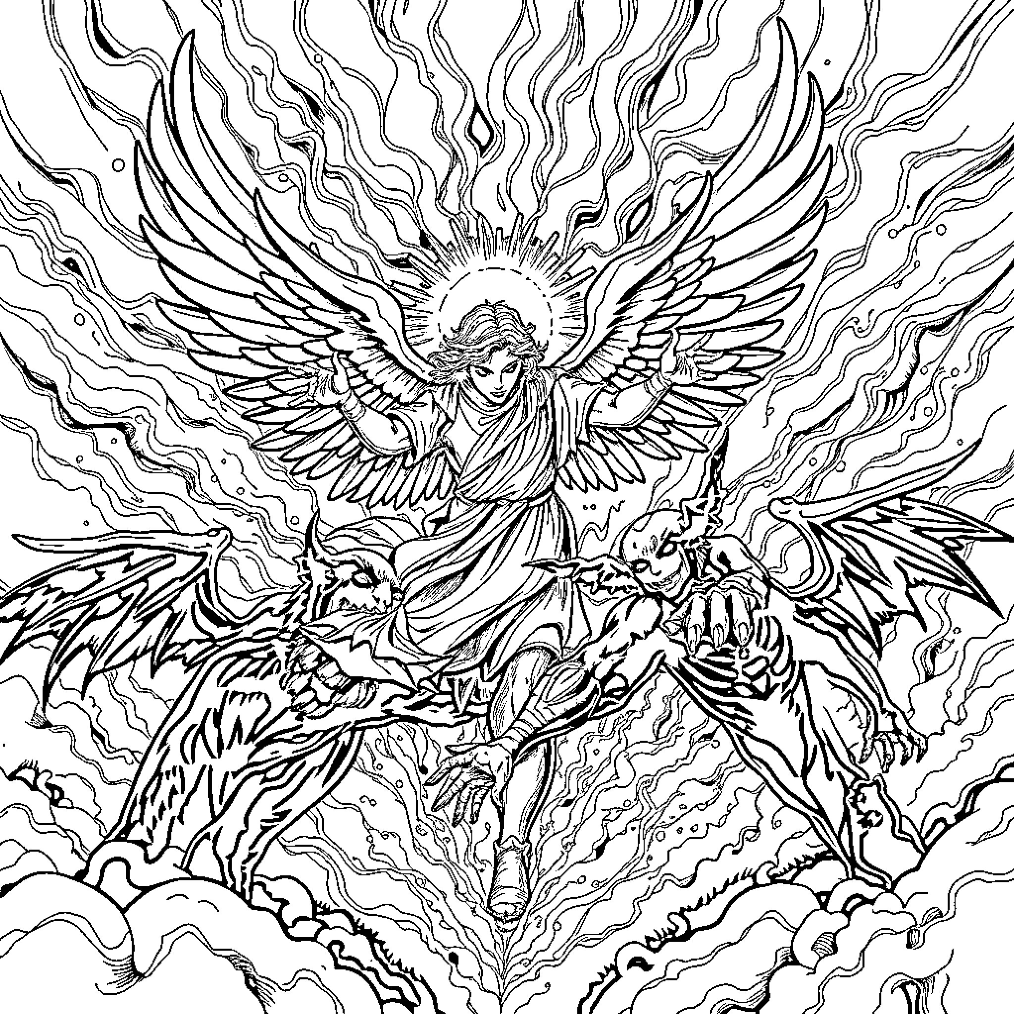 Archangel in Celestial Battle Coloring Page (free black-and-white line drawing printable PDF for all, from beginners to advanced learners, including children, teens, adults, and seniors)