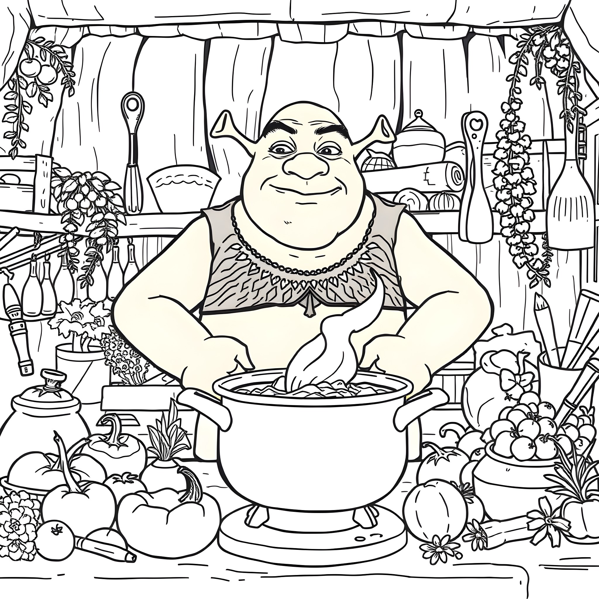 Shrek cooking a delicious meal in his kitchen Coloring Page (free black-and-white line drawing printable PDF for all, from beginners to advanced learners, including children, teens, adults, and seniors)