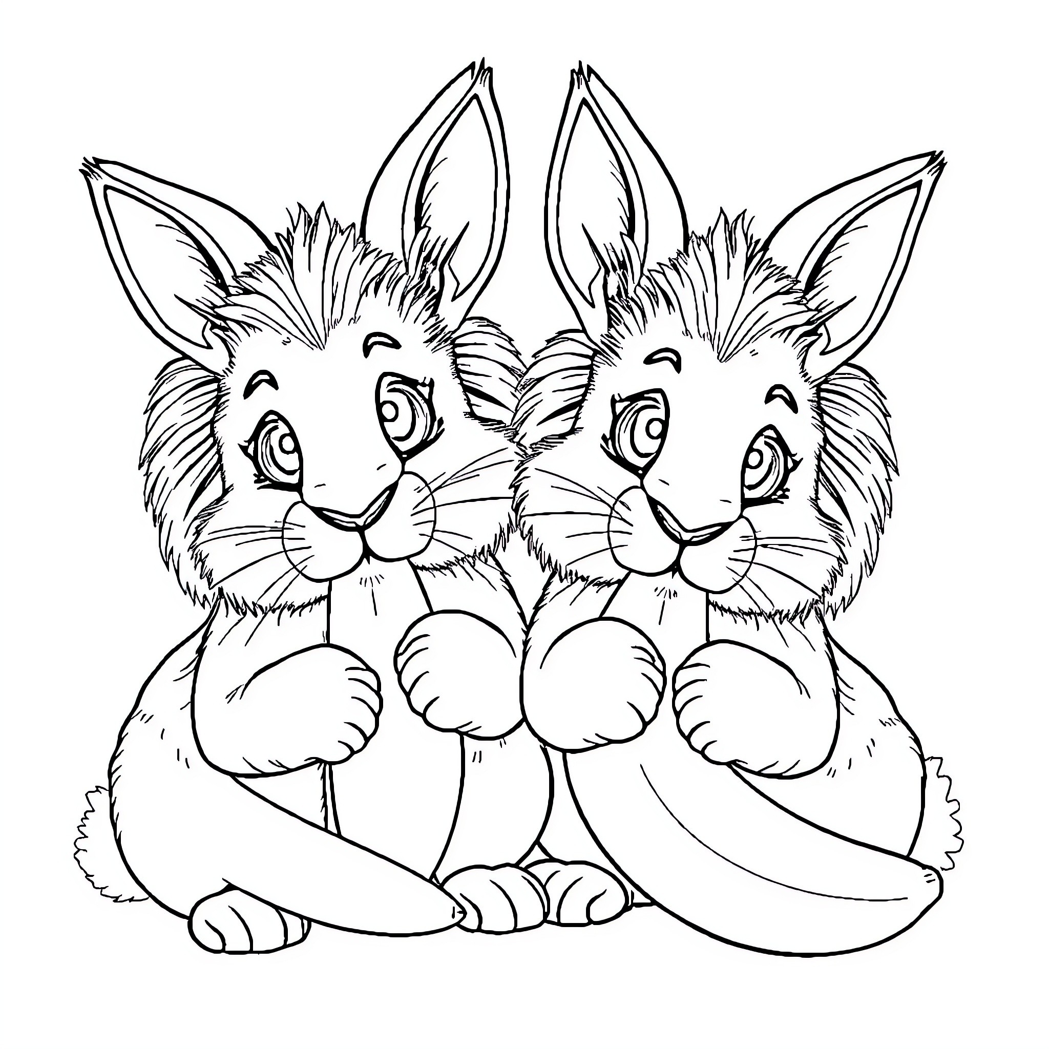 Bunny friends enjoying a cheerful moment Coloring Page (free black-and-white line drawing printable PDF for all, from beginners to advanced learners, including children, teens, adults, and seniors)