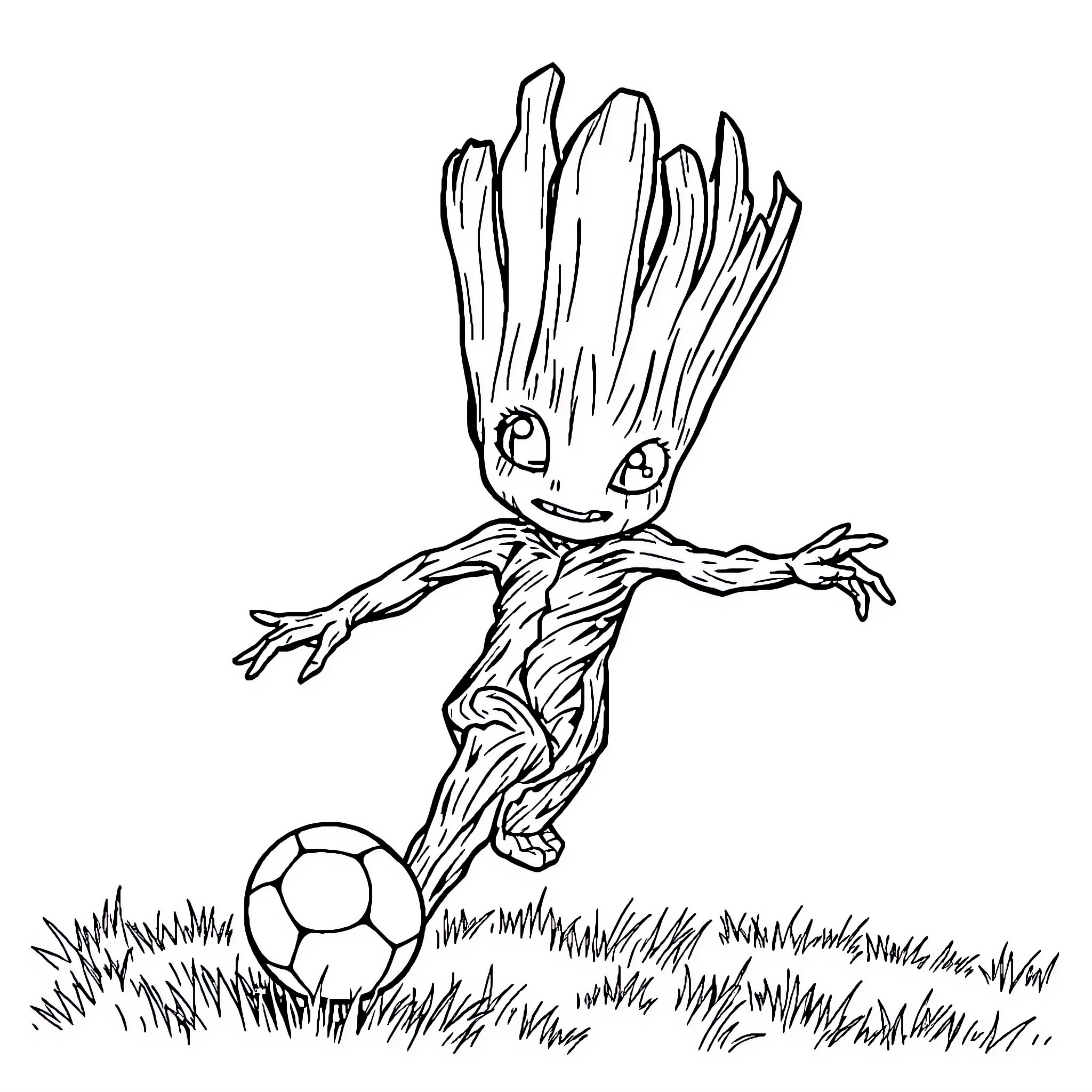 Groot playing with a soccer ball in the field Coloring Page (free black-and-white line drawing printable PDF for all, from beginners to advanced learners, including children, teens, adults, and seniors)