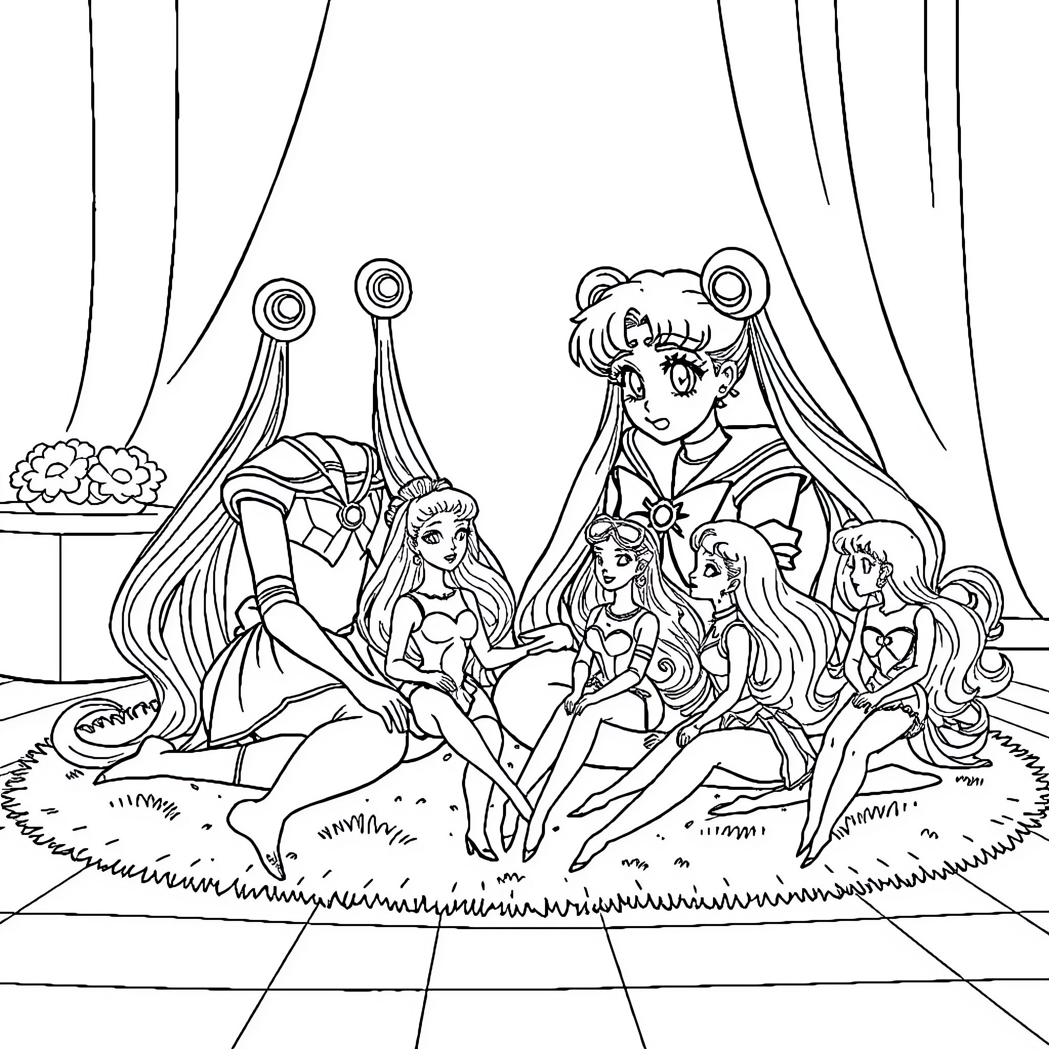 Sailormoon and Her Magical Friends in Enchanting Scene Coloring Page (free black-and-white line drawing printable PDF for all, from beginners to advanced learners, including children, teens, adults, and seniors)