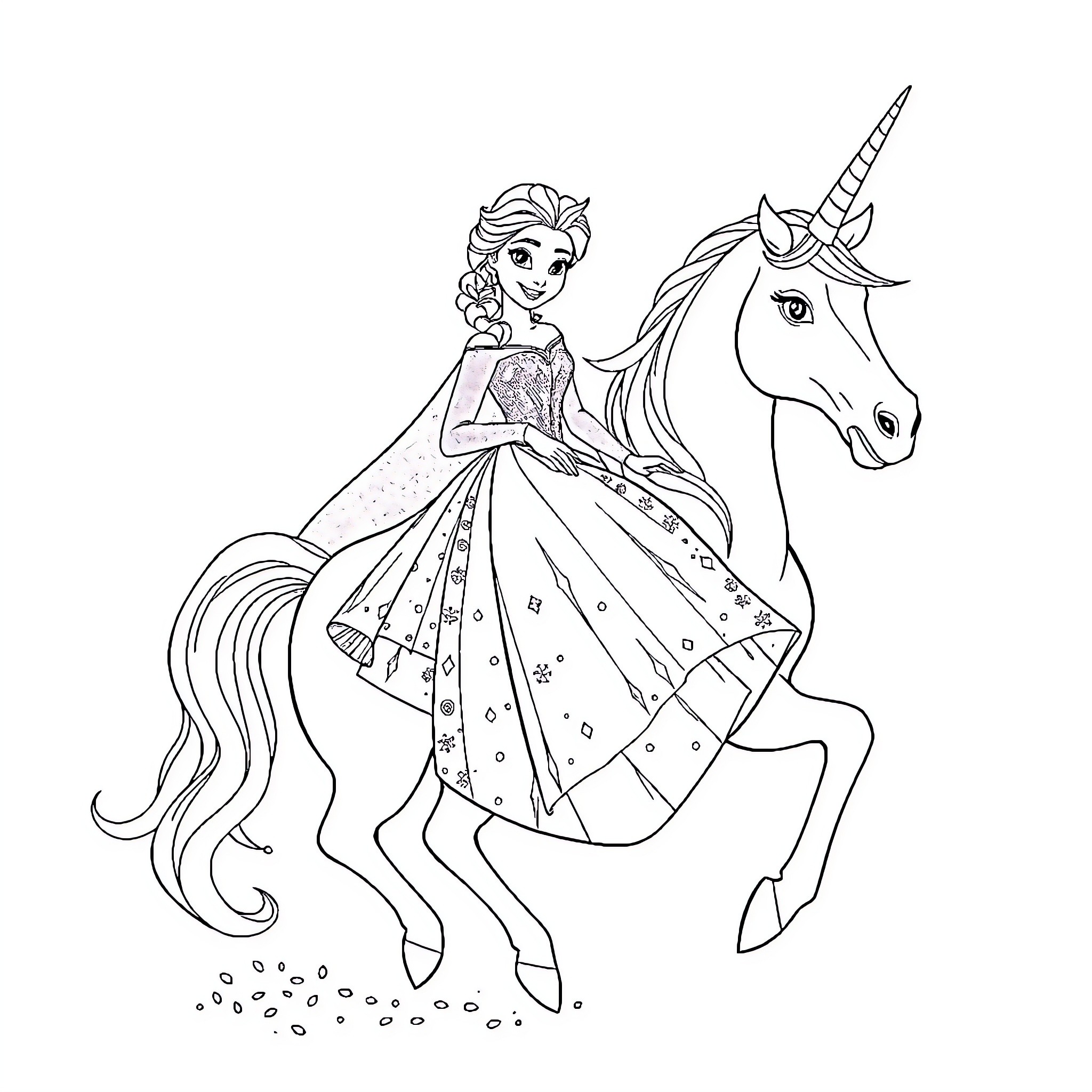 Elsa riding a magical unicorn Coloring Page (free black-and-white line drawing printable PDF for all, from beginners to advanced learners, including children, teens, adults, and seniors)