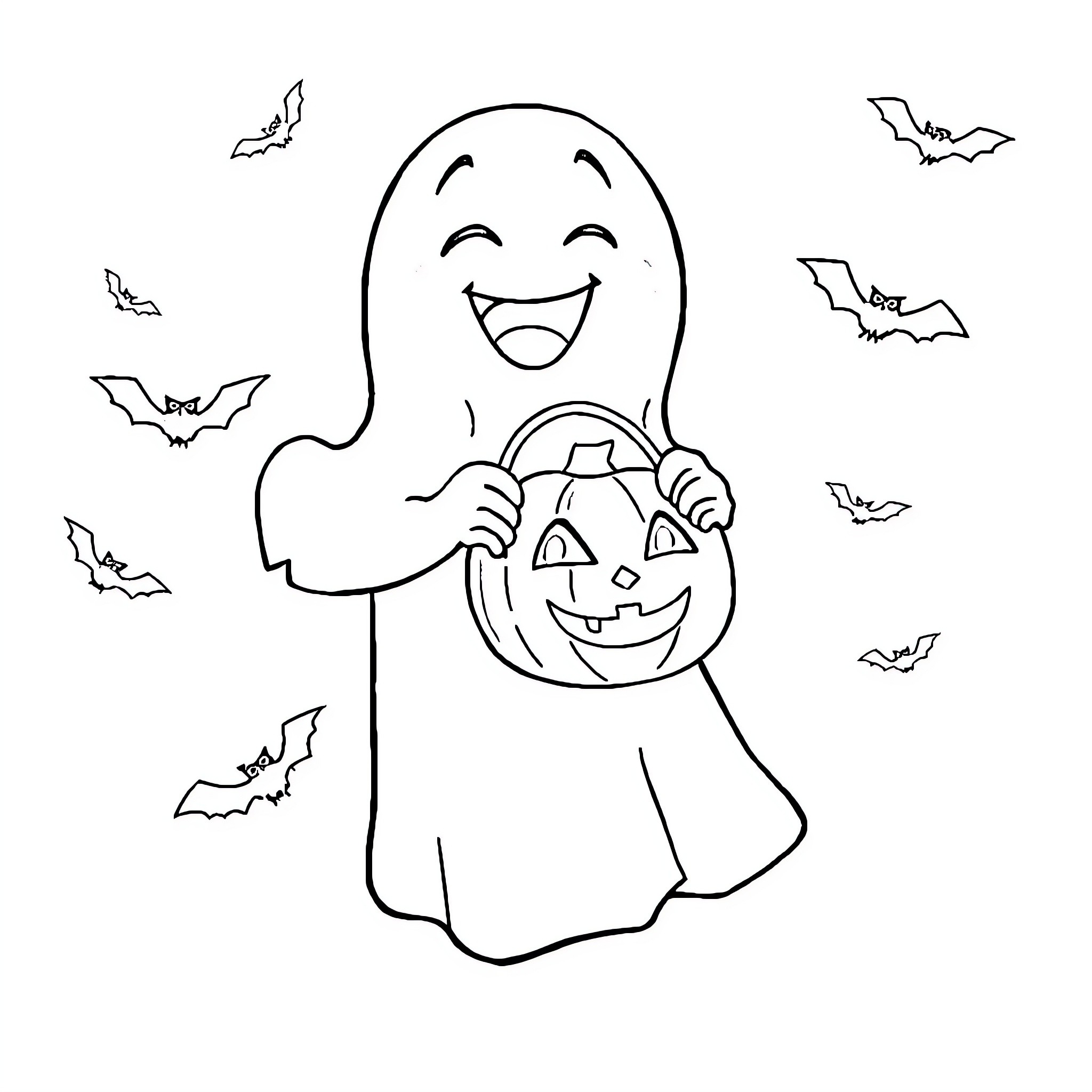 Ghost happily holding a jack-o'-lantern bucket Coloring Page (free black-and-white line drawing printable PDF for all, from beginners to advanced learners, including children, teens, adults, and seniors)