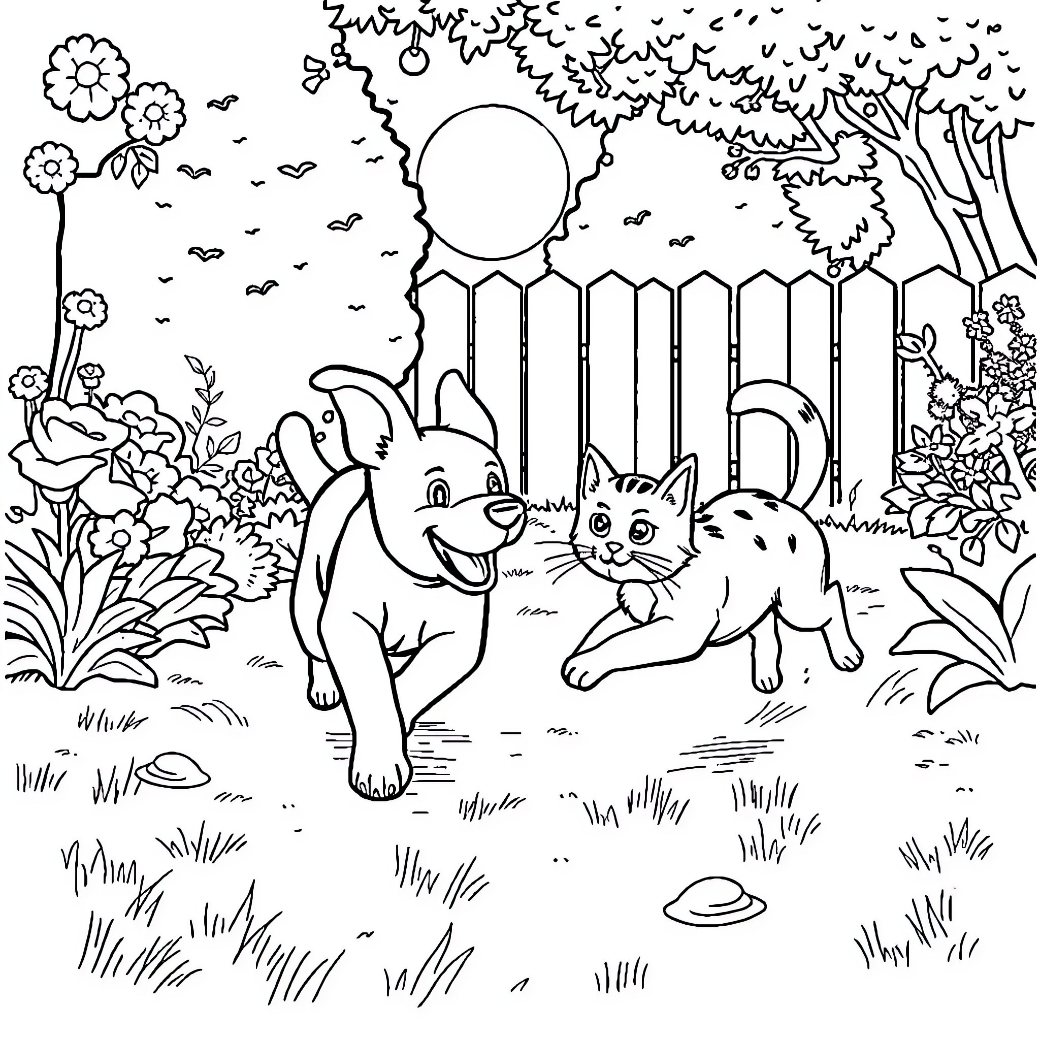 Dog and Cat Exploring Backyard Nature Scene Coloring Page (free black-and-white line drawing printable PDF for all, from beginners to advanced learners, including children, teens, adults, and seniors)