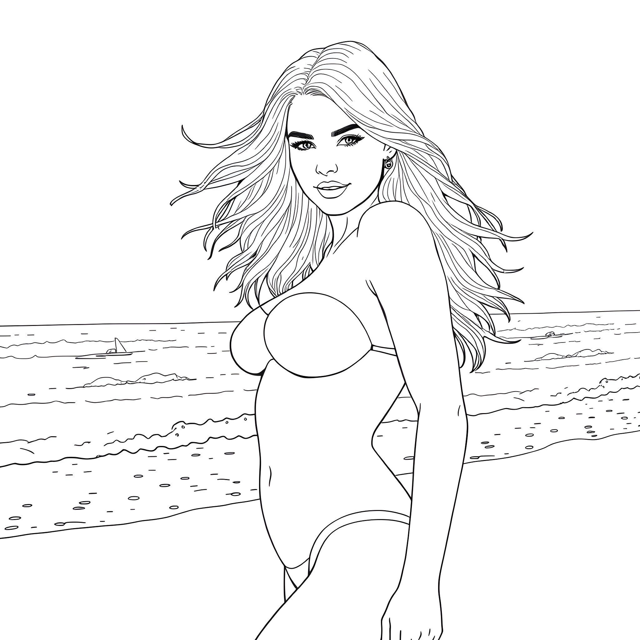 Kate Upton modeling swimsuit in beach setting Coloring Page (free black-and-white line drawing printable PDF for all, from beginners to advanced learners, including children, teens, adults, and seniors)