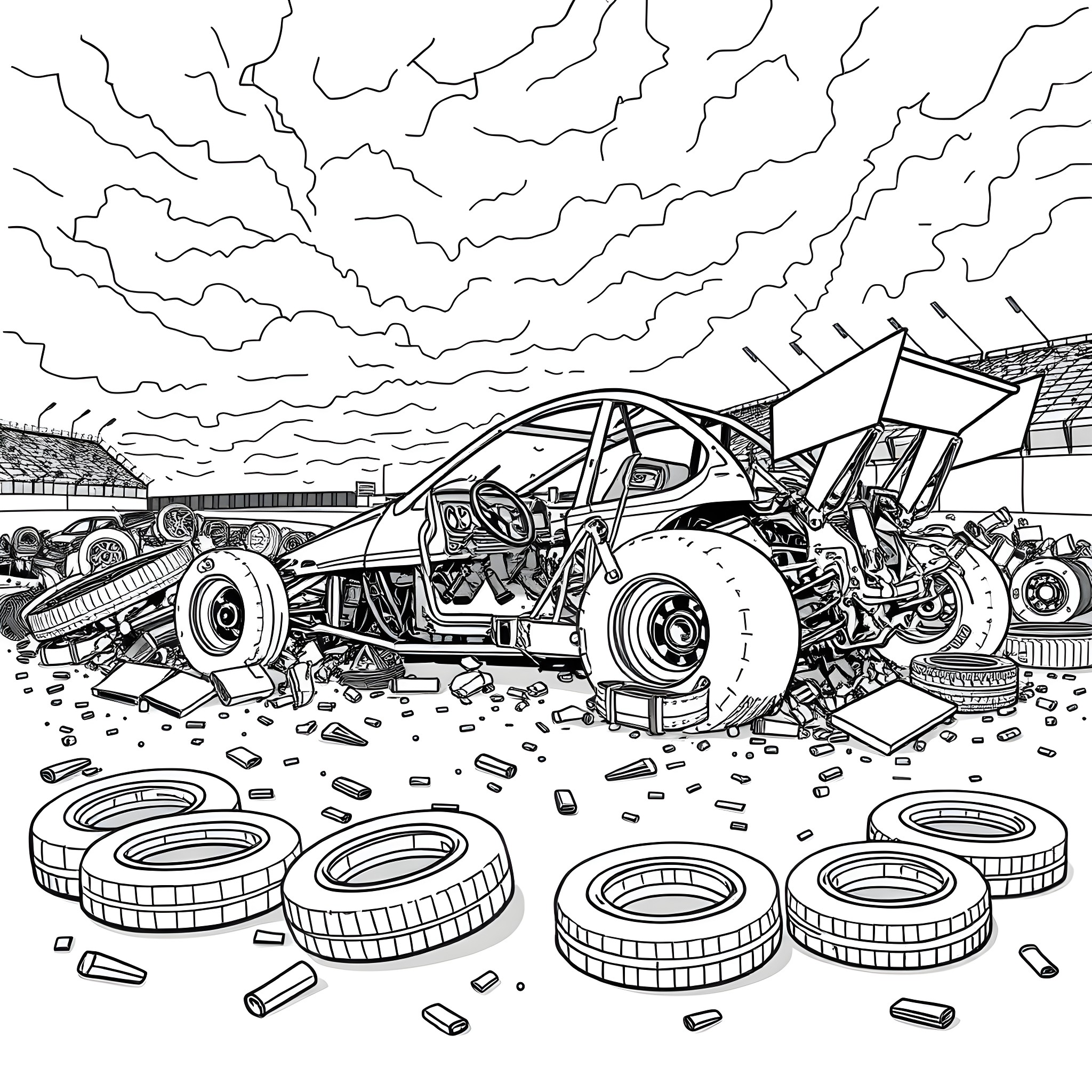 Sprint Car Crashing in Dirt Track Race Coloring Page (free black-and-white line drawing printable PDF for all, from beginners to advanced learners, including children, teens, adults, and seniors)