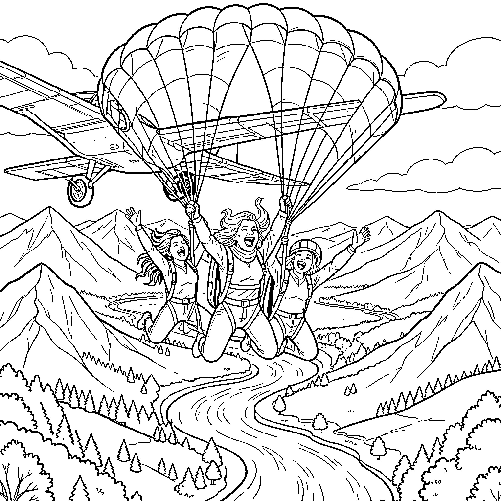 Woman enjoying skydiving adventure with friends Coloring Page (free black-and-white line drawing printable PDF for all, from beginners to advanced learners, including children, teens, adults, and seniors)