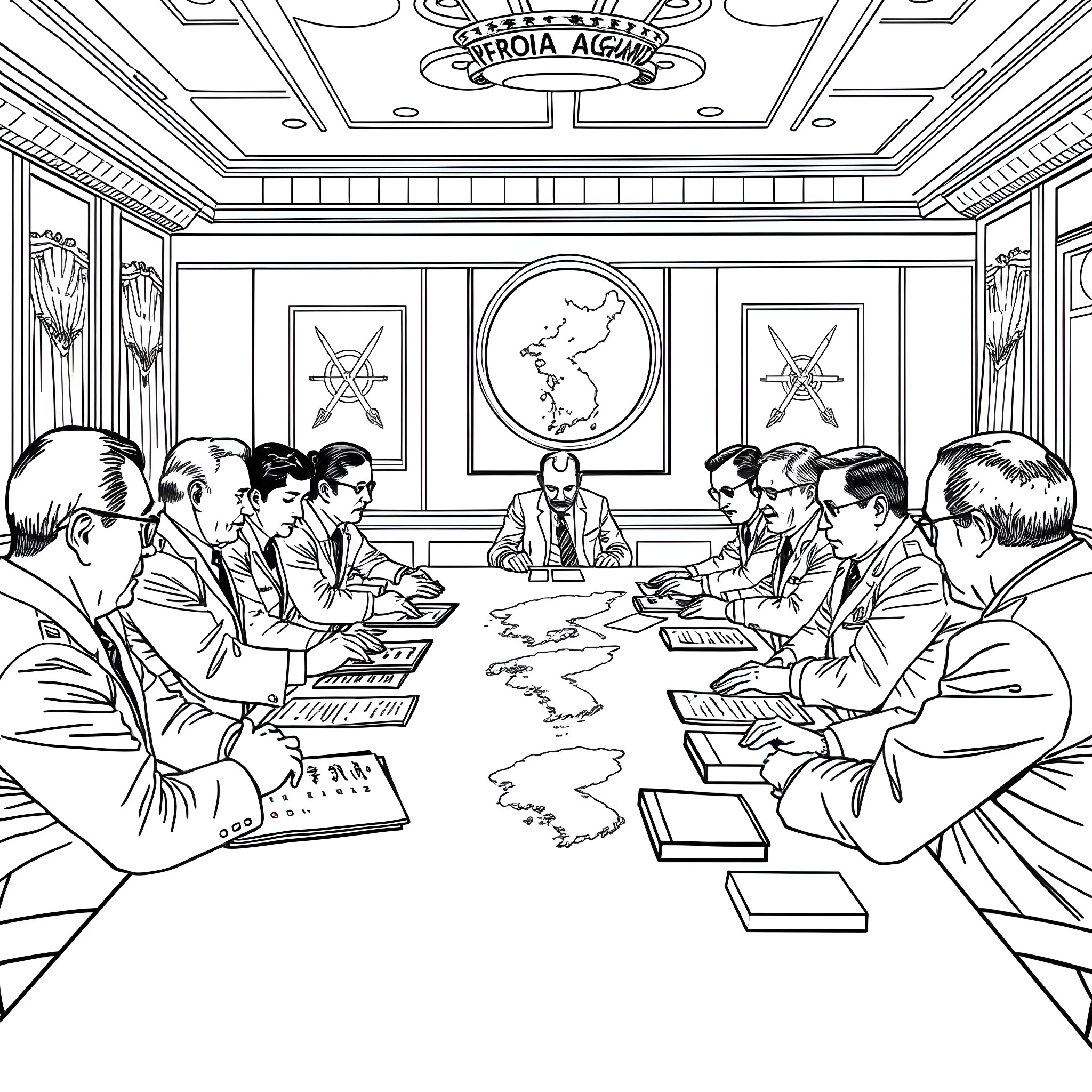 Korean War Meeting of Military Leaders Coloring Page (free black-and-white line drawing printable PDF for all, from beginners to advanced learners, including children, teens, adults, and seniors)