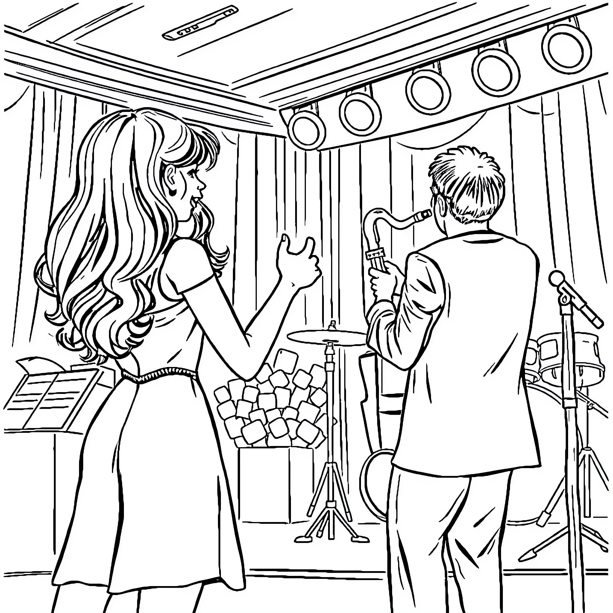 Brat performers on stage with microphones Coloring Page (free black-and-white line drawing printable PDF for all, from beginners to advanced learners, including children, teens, adults, and seniors)