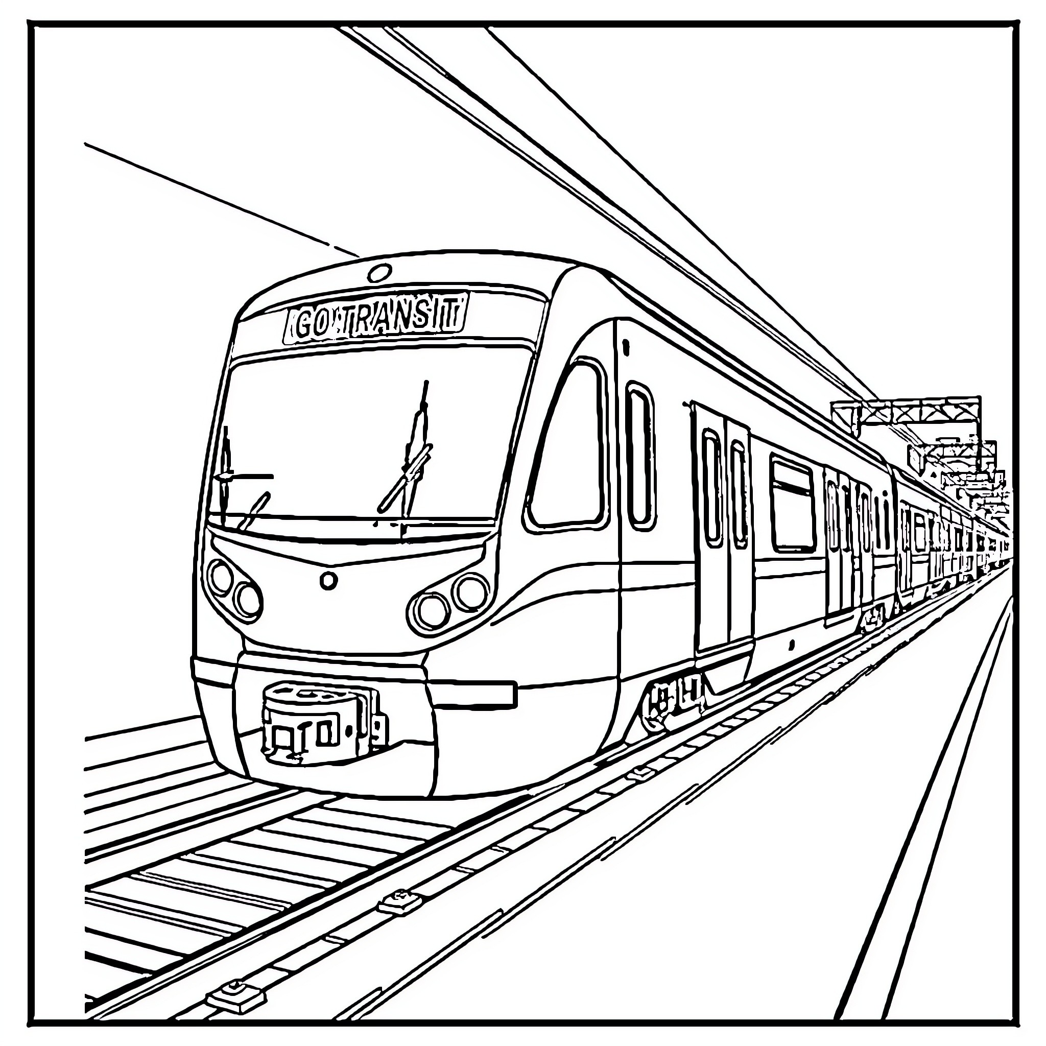 Train traveling on tracks in transit station Coloring Page (free black-and-white line drawing printable PDF for all, from beginners to advanced learners, including children, teens, adults, and seniors)