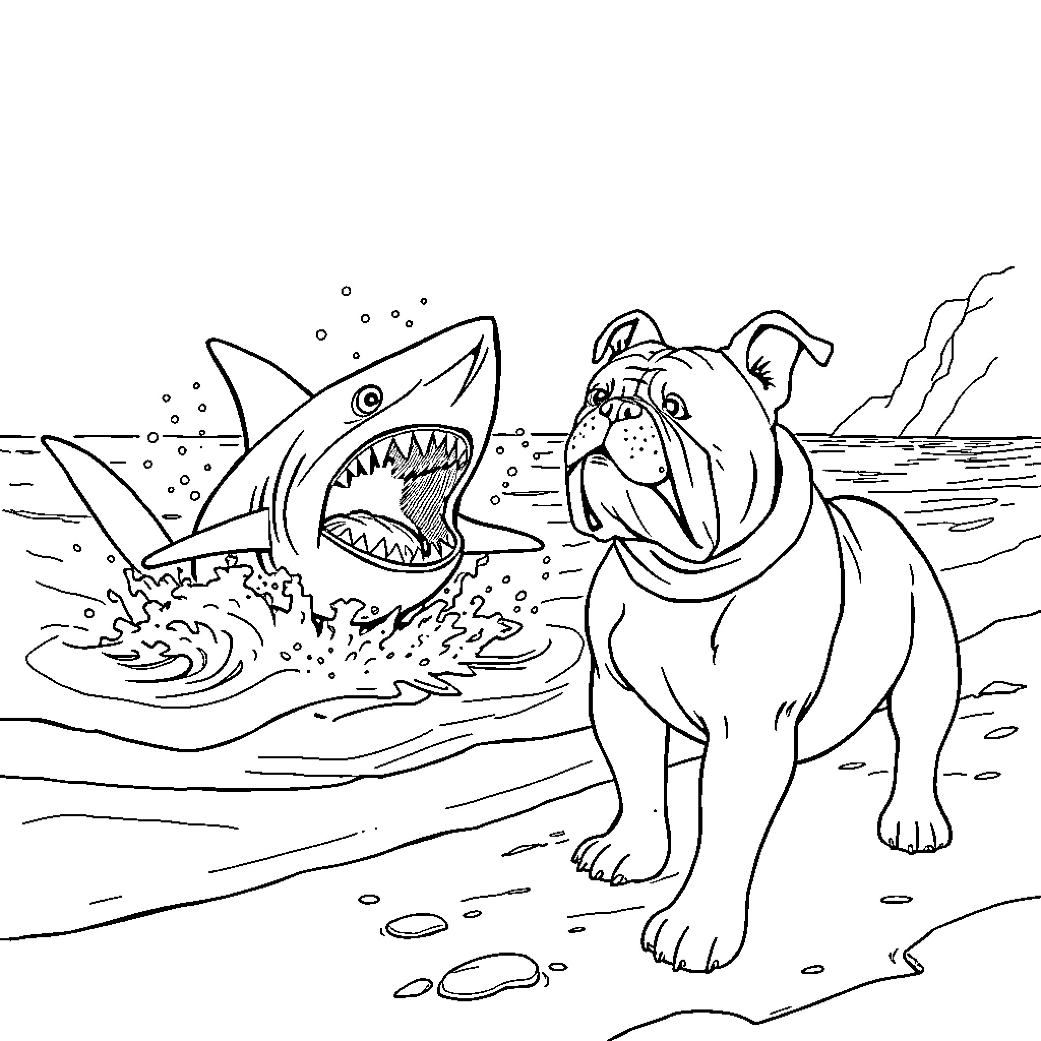 Shark chasing after a bulldog on the beach Coloring Page (free black-and-white line drawing printable PDF for all, from beginners to advanced learners, including children, teens, adults, and seniors)
