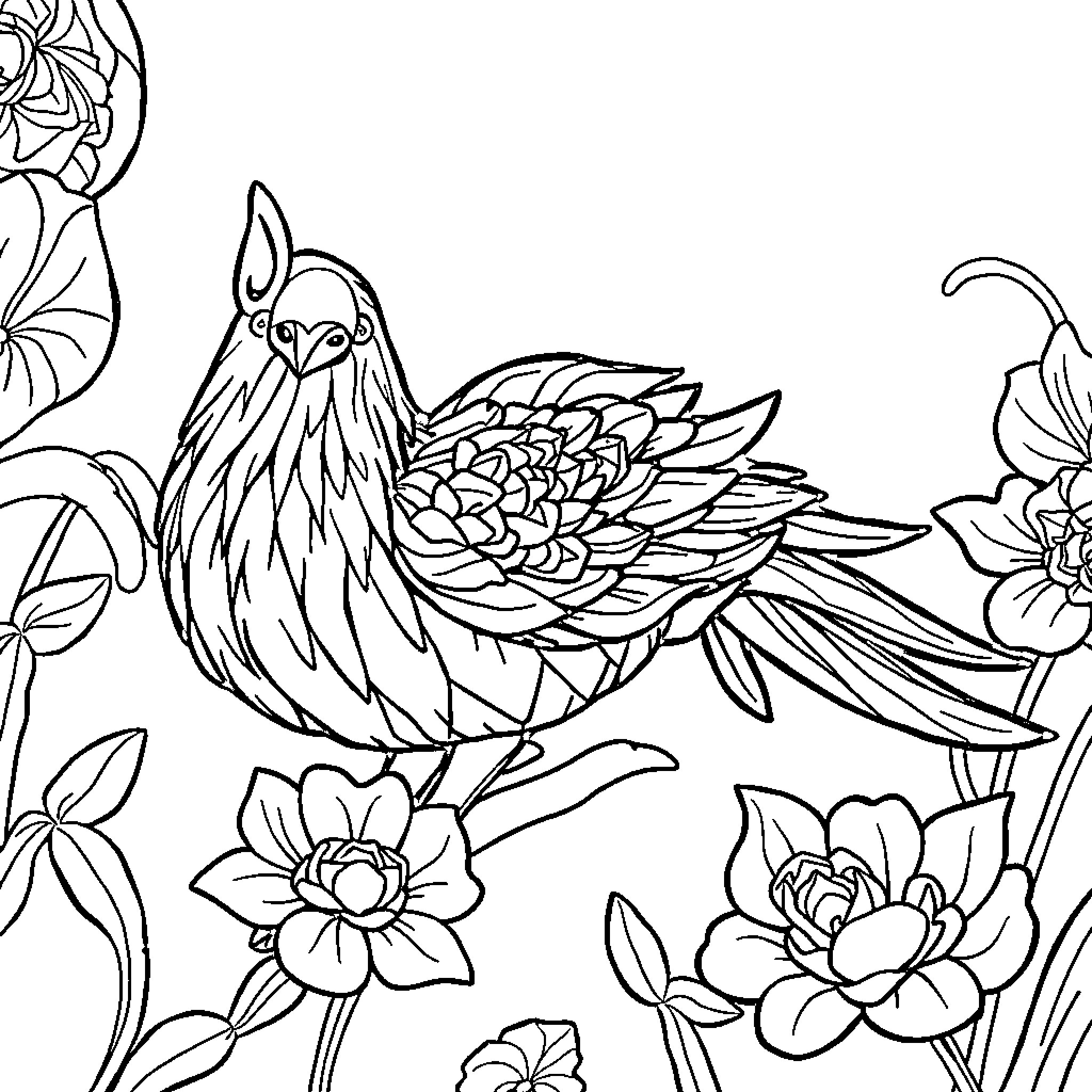 Image of a detailed sketch of a rooster amidst flowers Coloring Page (free black-and-white line drawing printable PDF for all, from beginners to advanced learners, including children, teens, adults, and seniors)