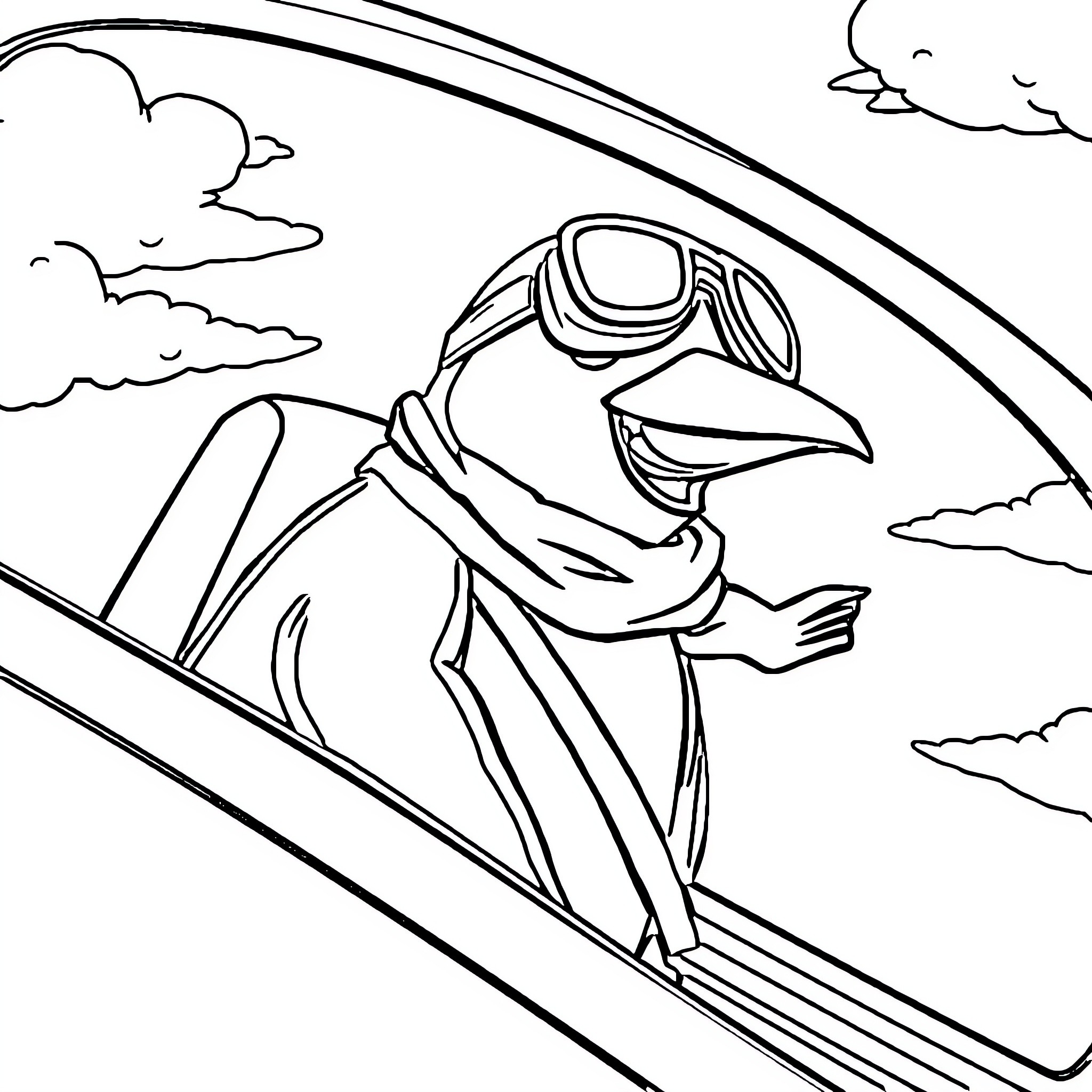 Penguin pilot gliding through the clouds Coloring Page (free black-and-white line drawing printable PDF for all, from beginners to advanced learners, including children, teens, adults, and seniors)