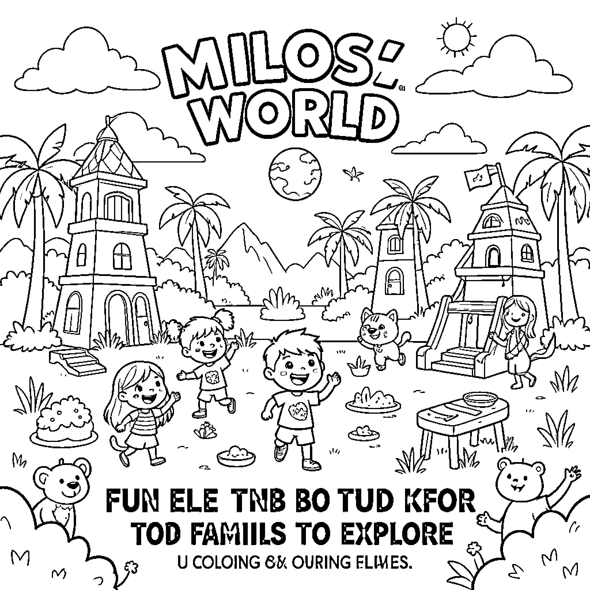Milos exploring a tropical island with friends and animals Coloring Page (free black-and-white line drawing printable PDF for all, from beginners to advanced learners, including children, teens, adults, and seniors)