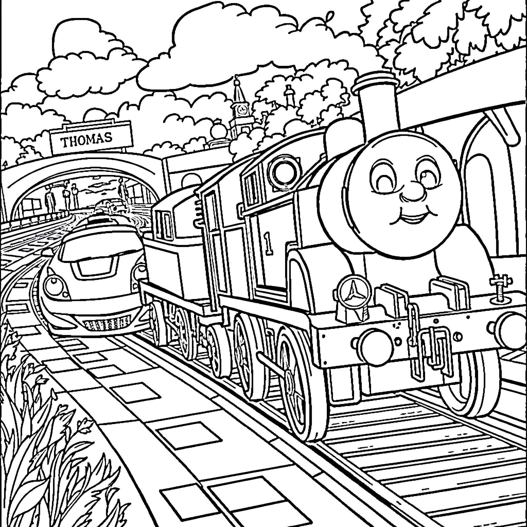 Car engine steam train passing through the countryside Coloring Page (free black-and-white line drawing printable PDF for all, from beginners to advanced learners, including children, teens, adults, and seniors)
