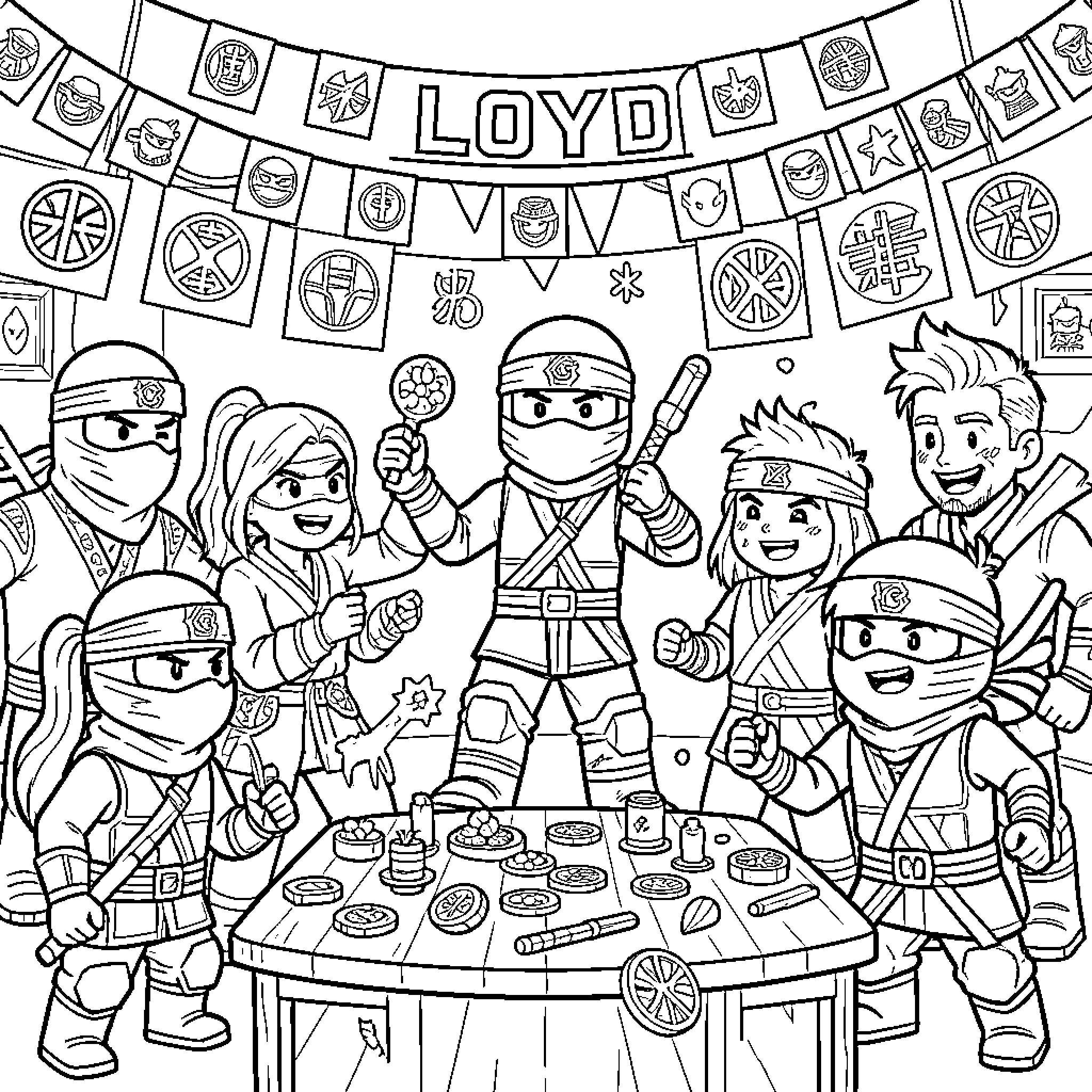 Lloyd and friends celebrating a festive party together Coloring Page (free black-and-white line drawing printable PDF for all, from beginners to advanced learners, including children, teens, adults, and seniors)