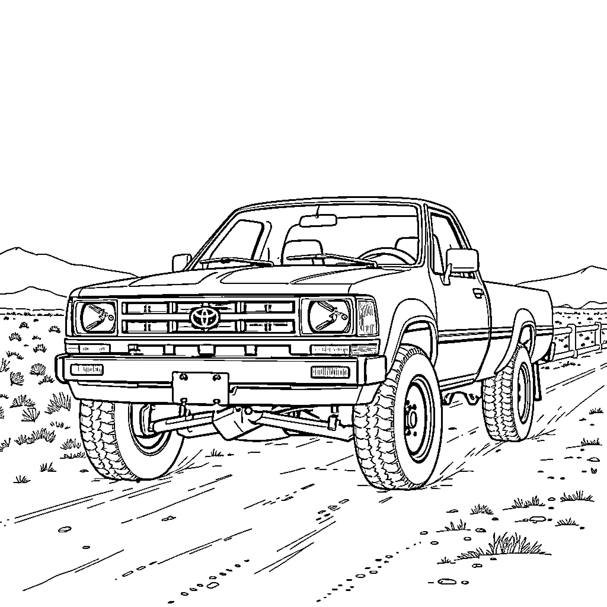 Toyota off-road truck in rugged terrain Coloring Page (free black-and-white line drawing printable PDF for all, from beginners to advanced learners, including children, teens, adults, and seniors)